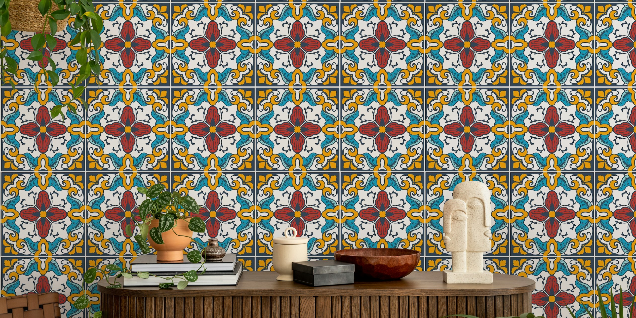 Talavera inspired orange and blue tile wallpaper