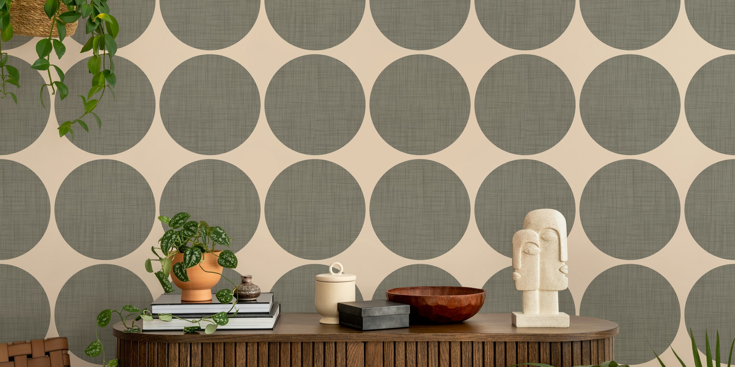 Modern taupe retro spheres wallpaper in a room