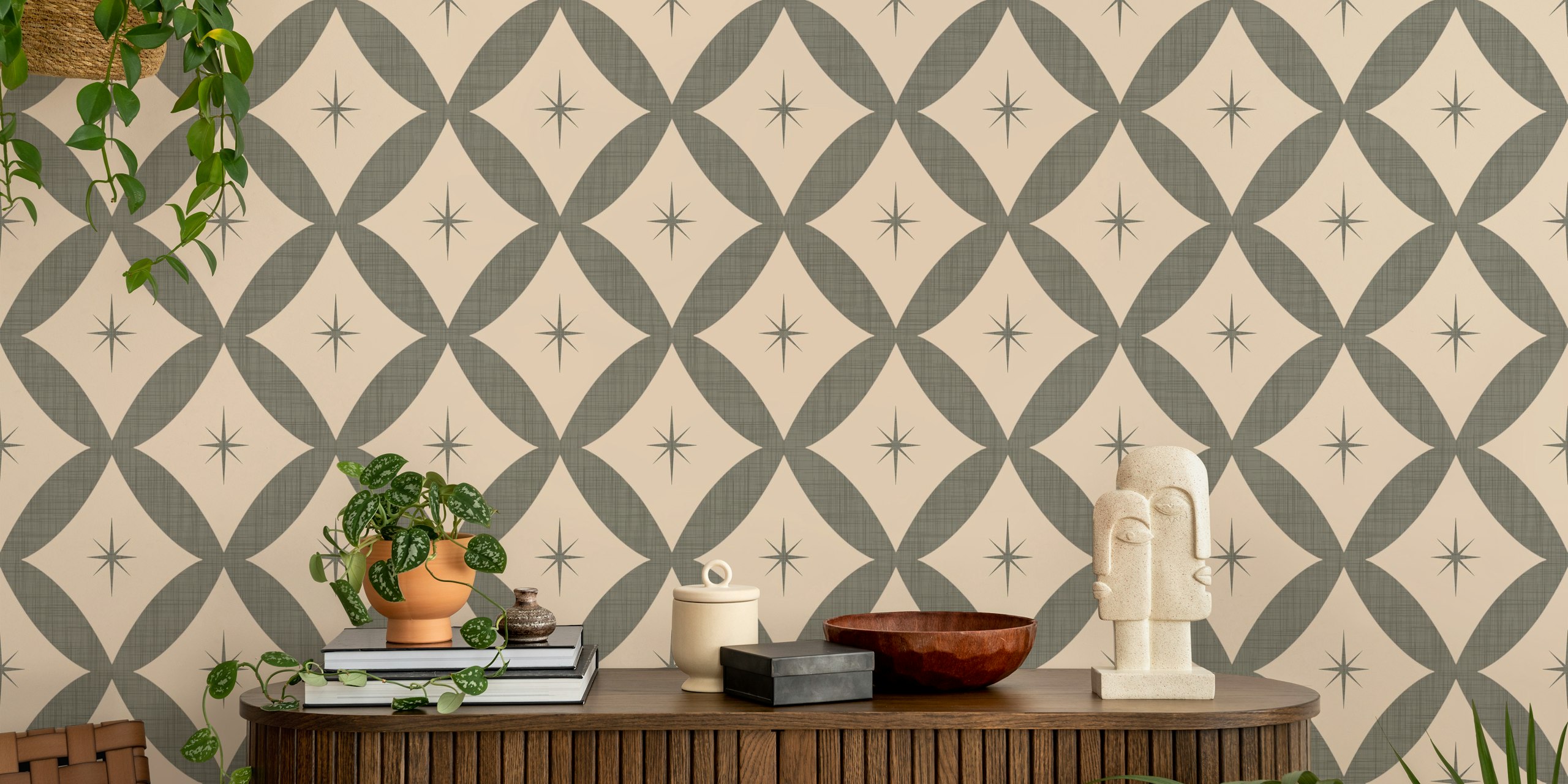Atomic Starburst Taupe behang in een kamer