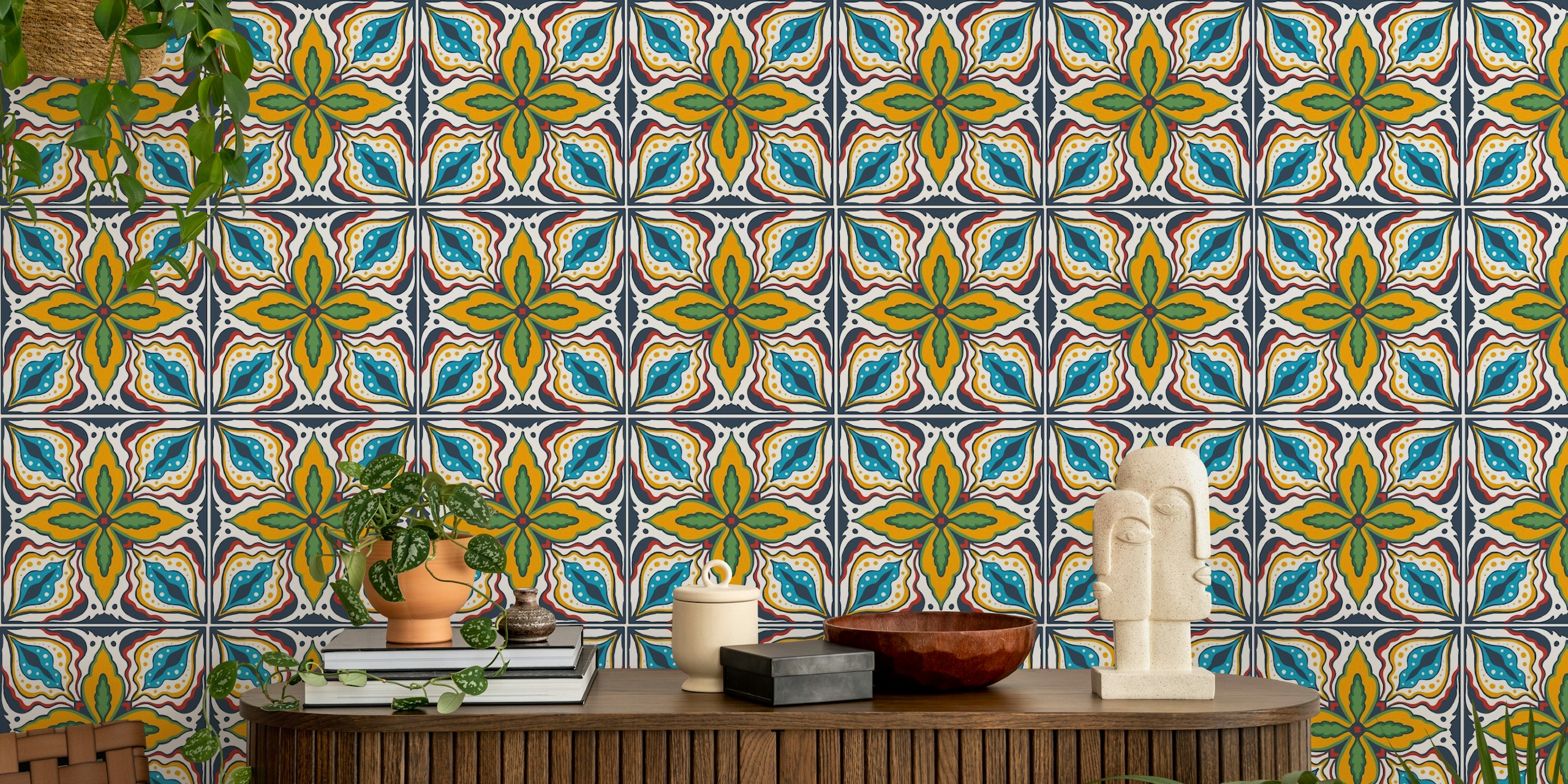 Talavera tiles in orange red and blue wallpaper design