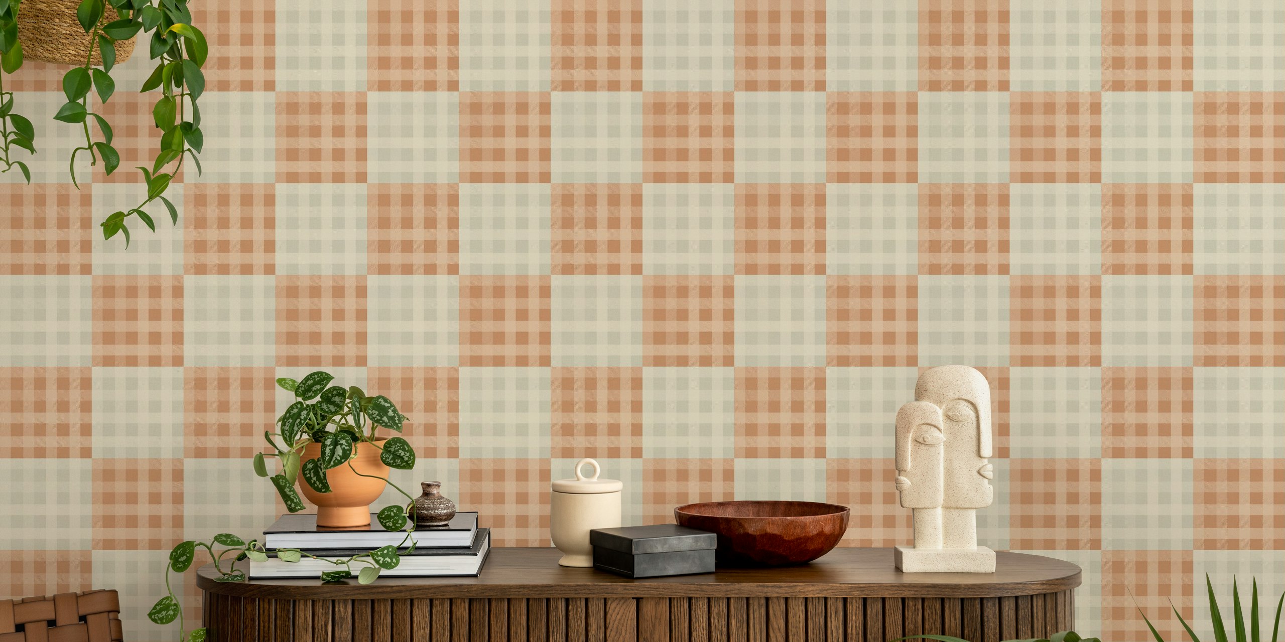 Pumpkin plaid wallpaper displayed in a room