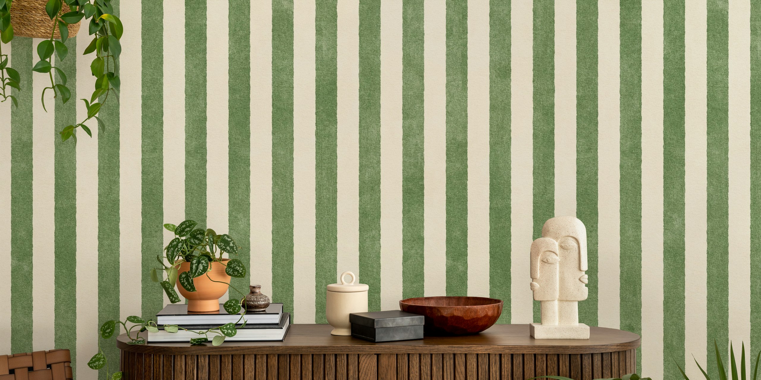 Olive green and cream striped wallpaper design