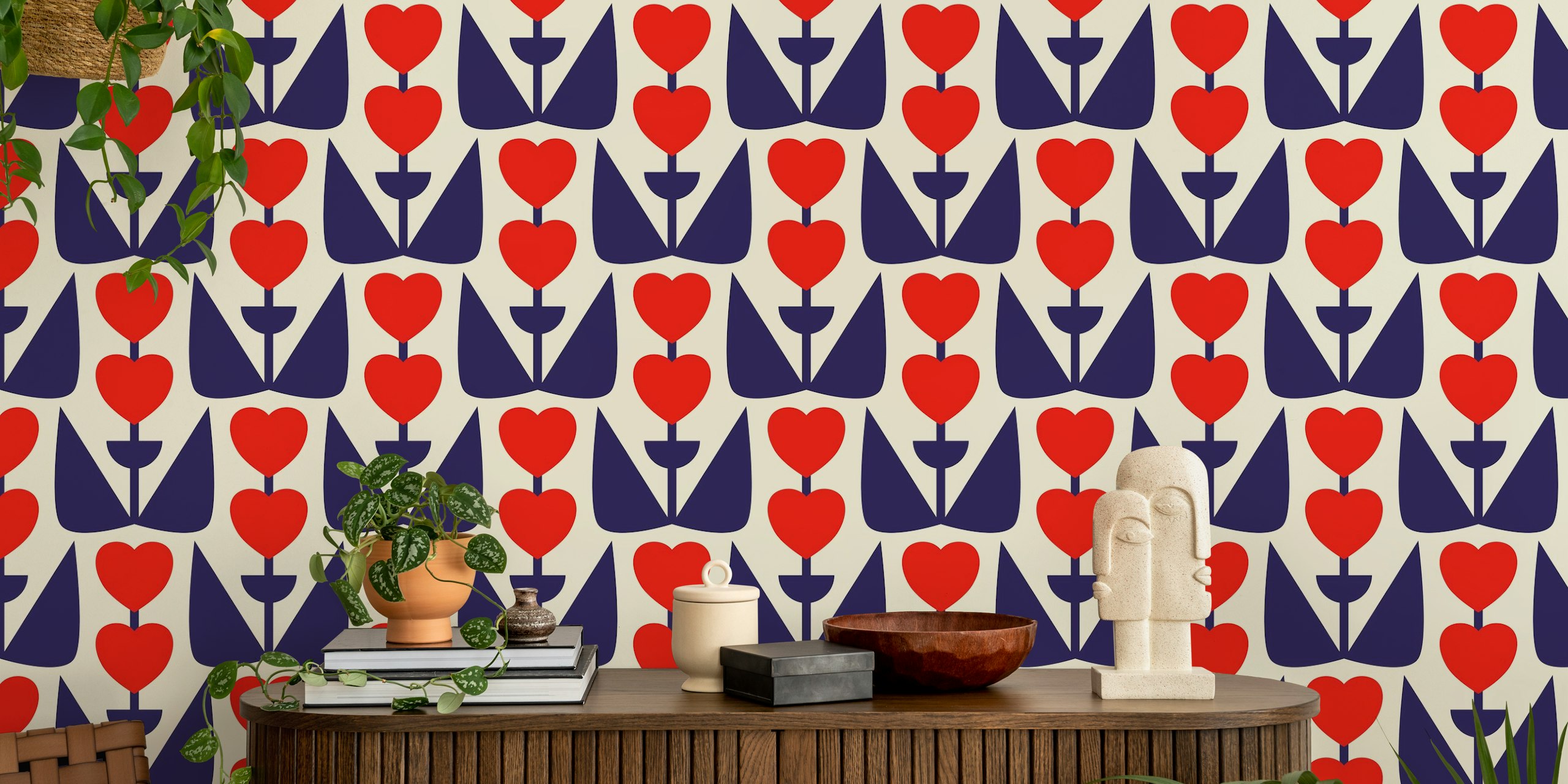 Red heart flowers on navy background retro wallpaper