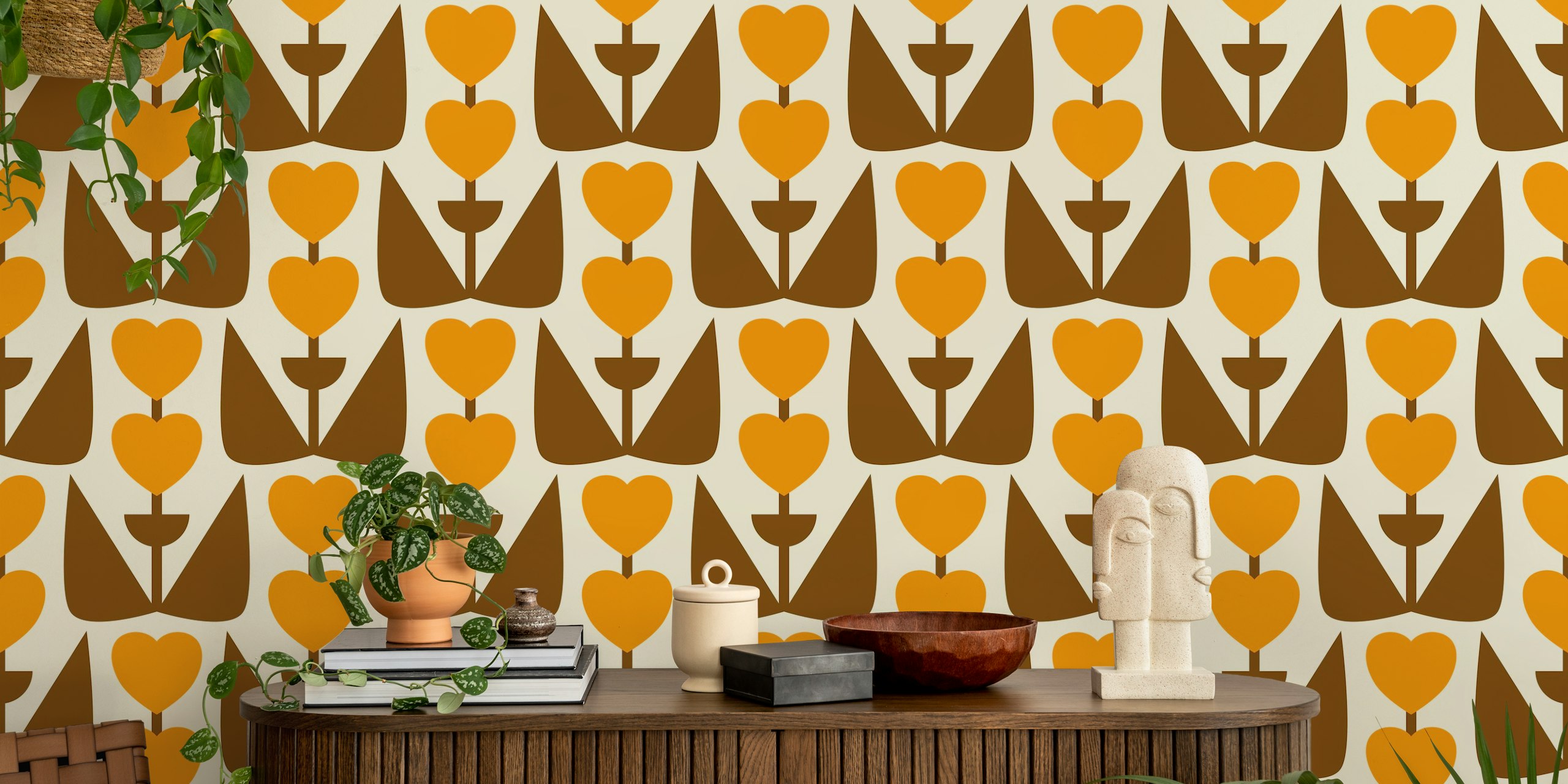 Retro Heart Flowers Yellow Brown wallpaper in a room