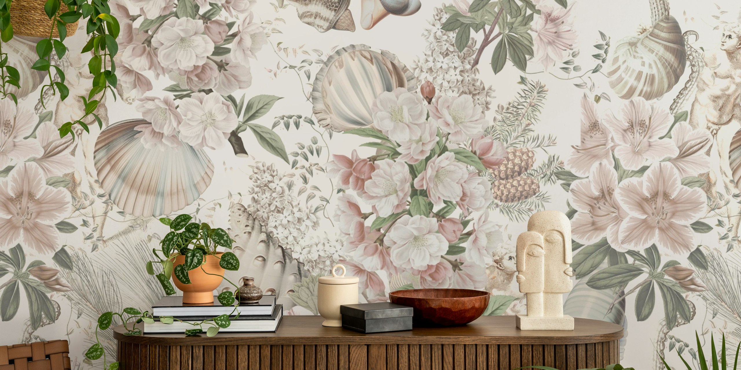 Aquamarine floral wallpaper in a room