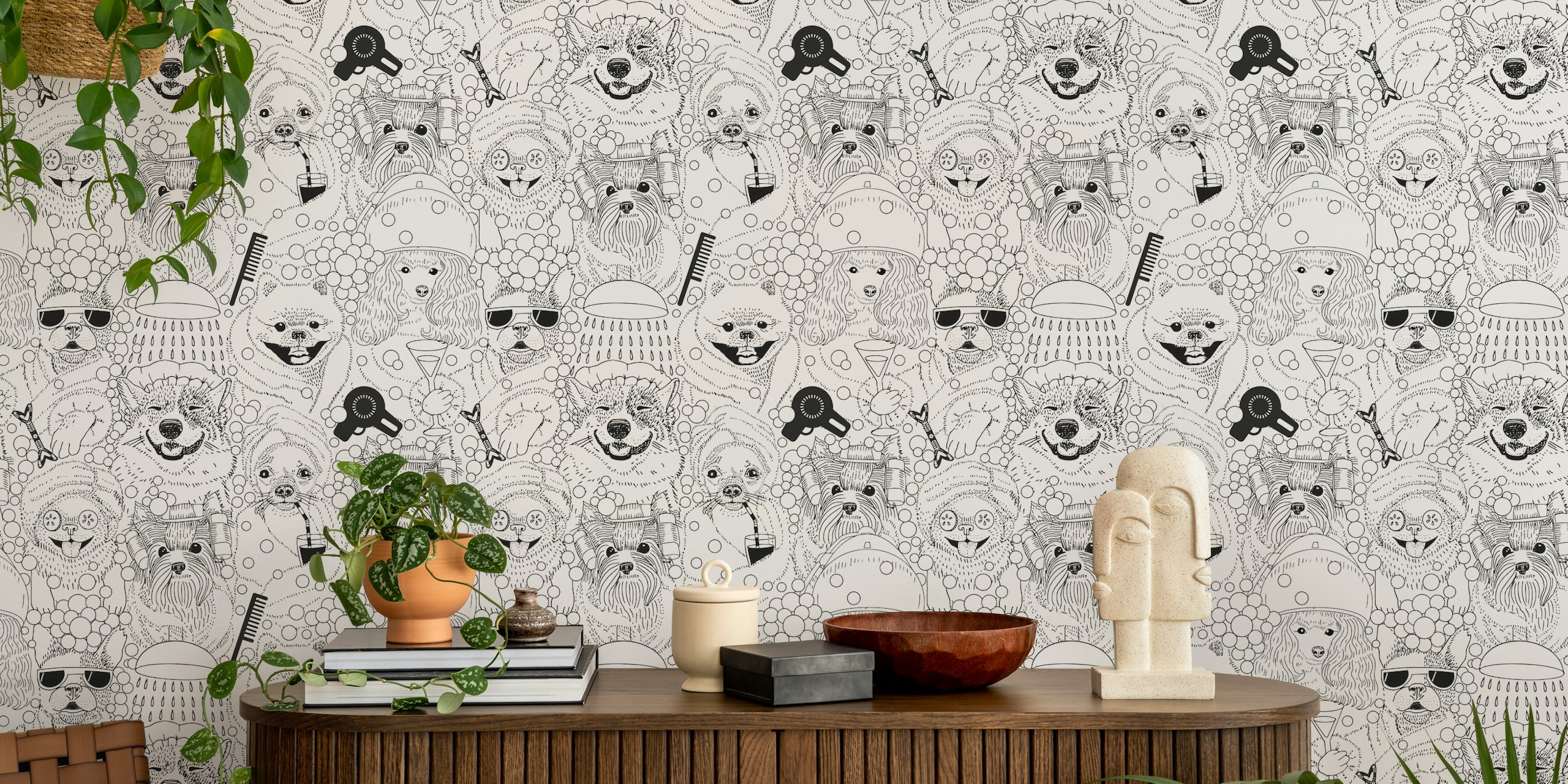 Musta-valkoinen tapetti, jossa on happy dogs spa