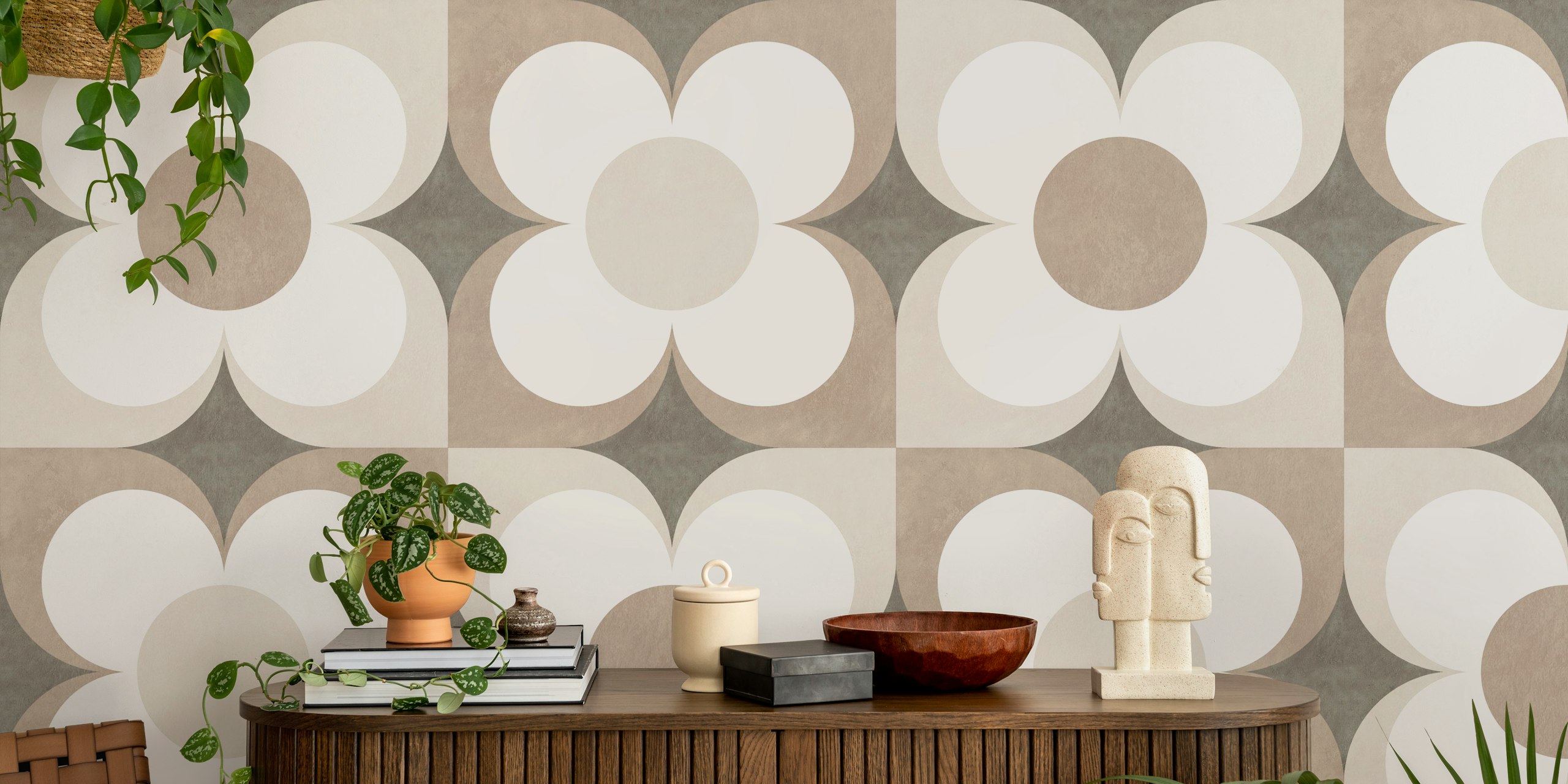 Geometric Flower Tile in Taupe Neutrals papel de parede
