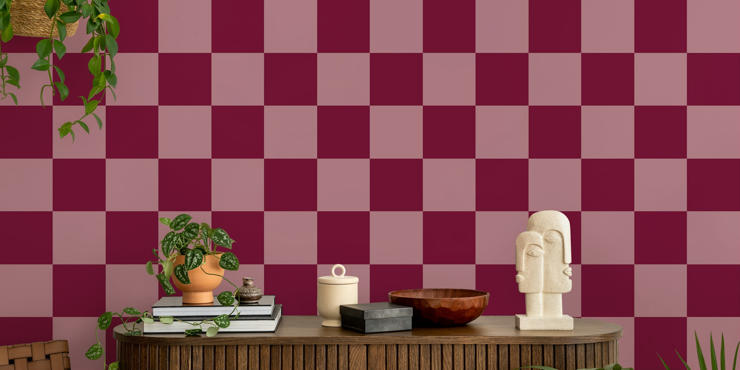 Elegant burgundy blocks wallpaper in a room