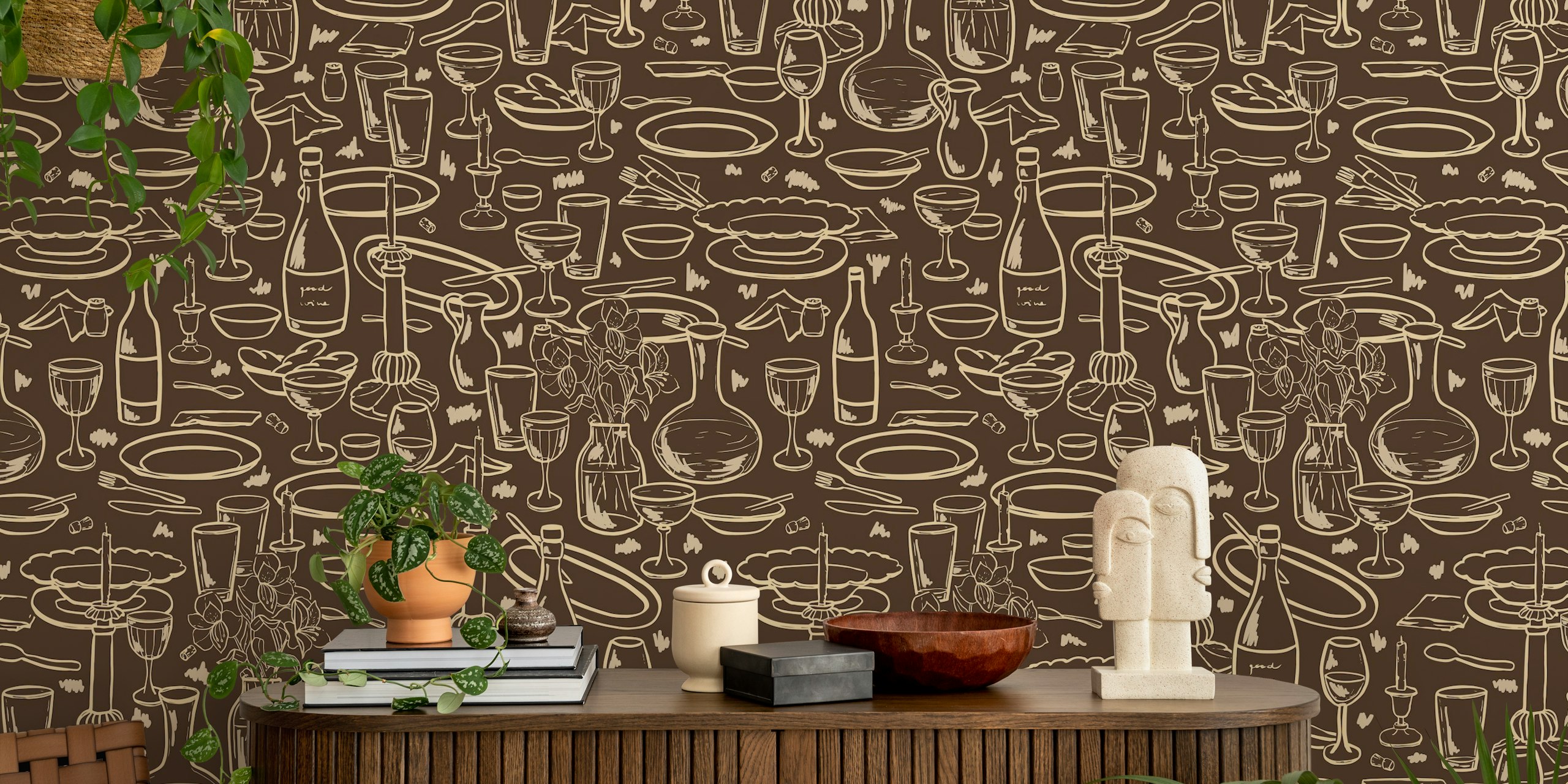 Linework bottles & dishes XL – brown beige na zdi