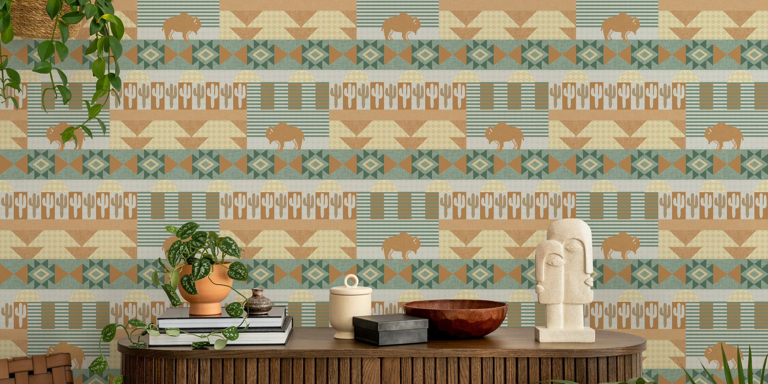 Geometric pattern with buffalo, cacti, and earthy colors wallpaper