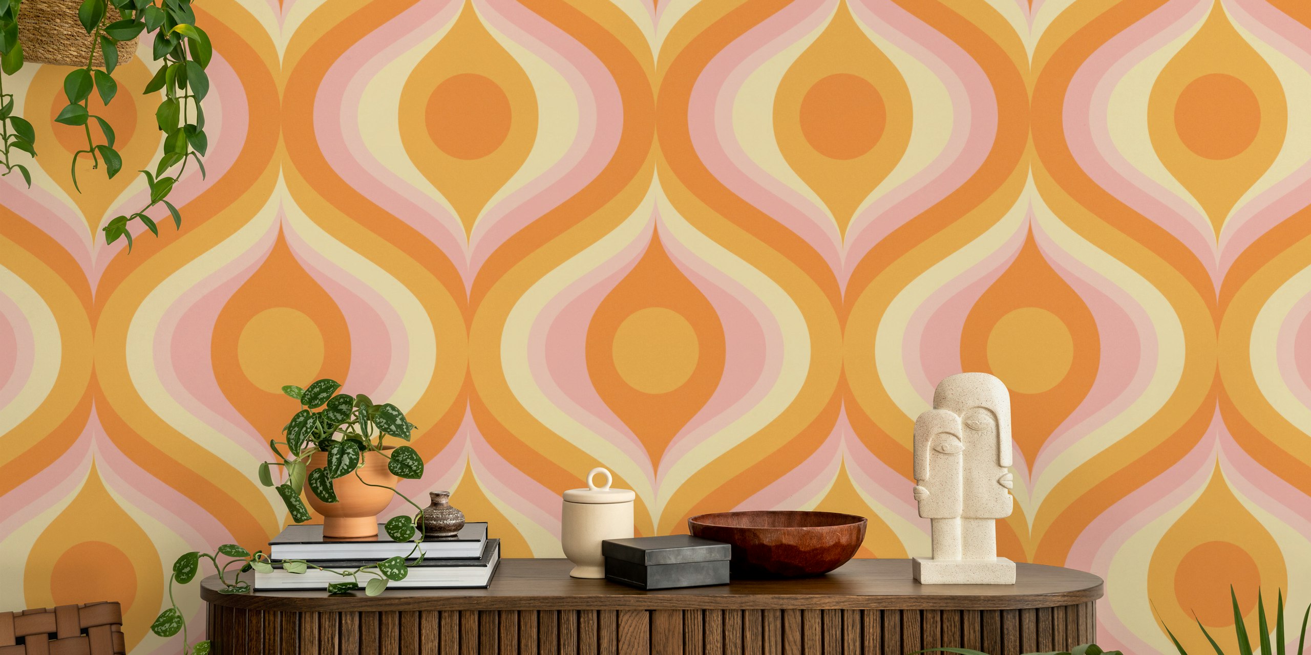 Orange and pink swirling pattern wallpaper, retro style