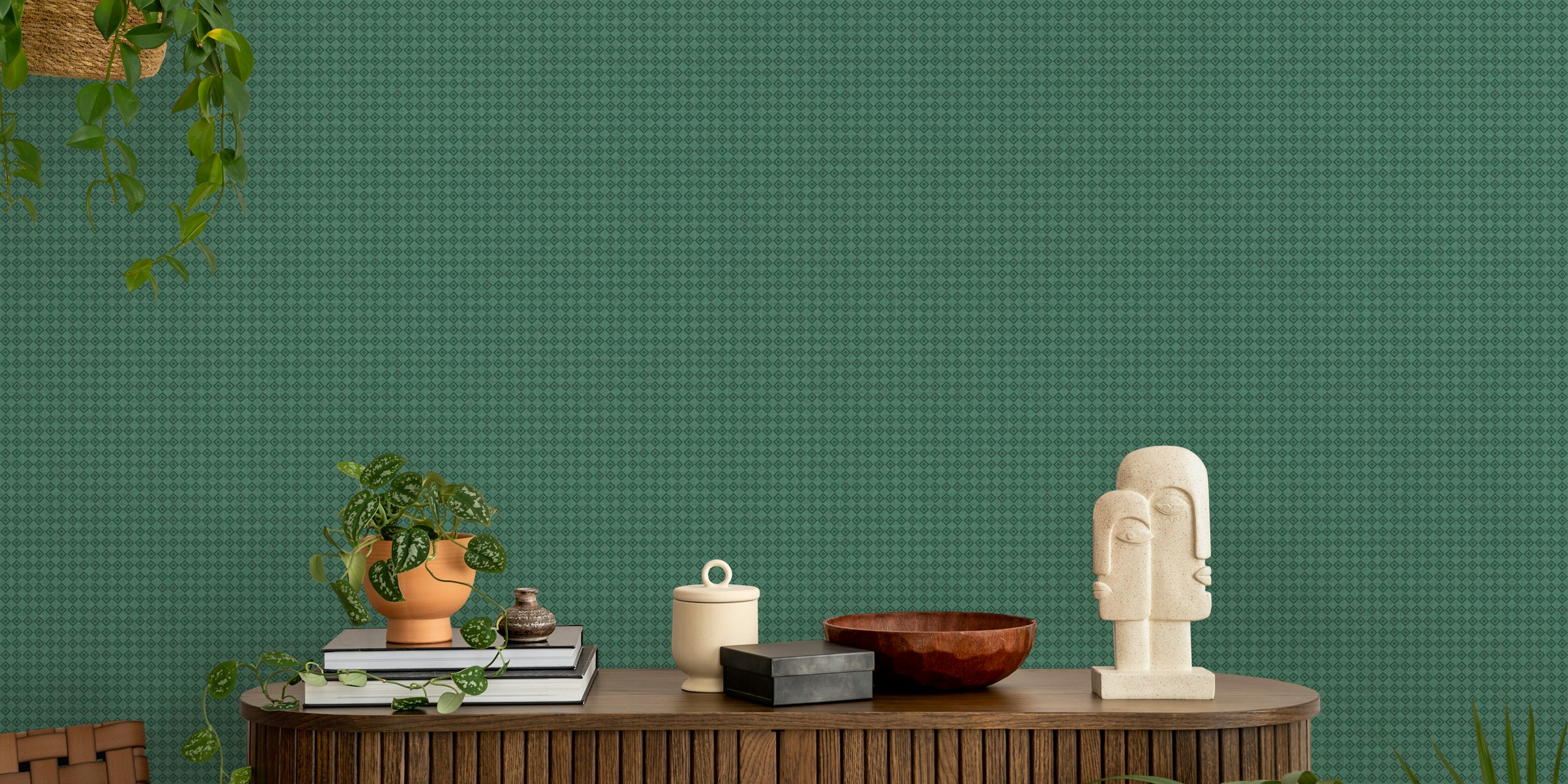 Papel tapiz Emerald Geometric plaid en una habitación