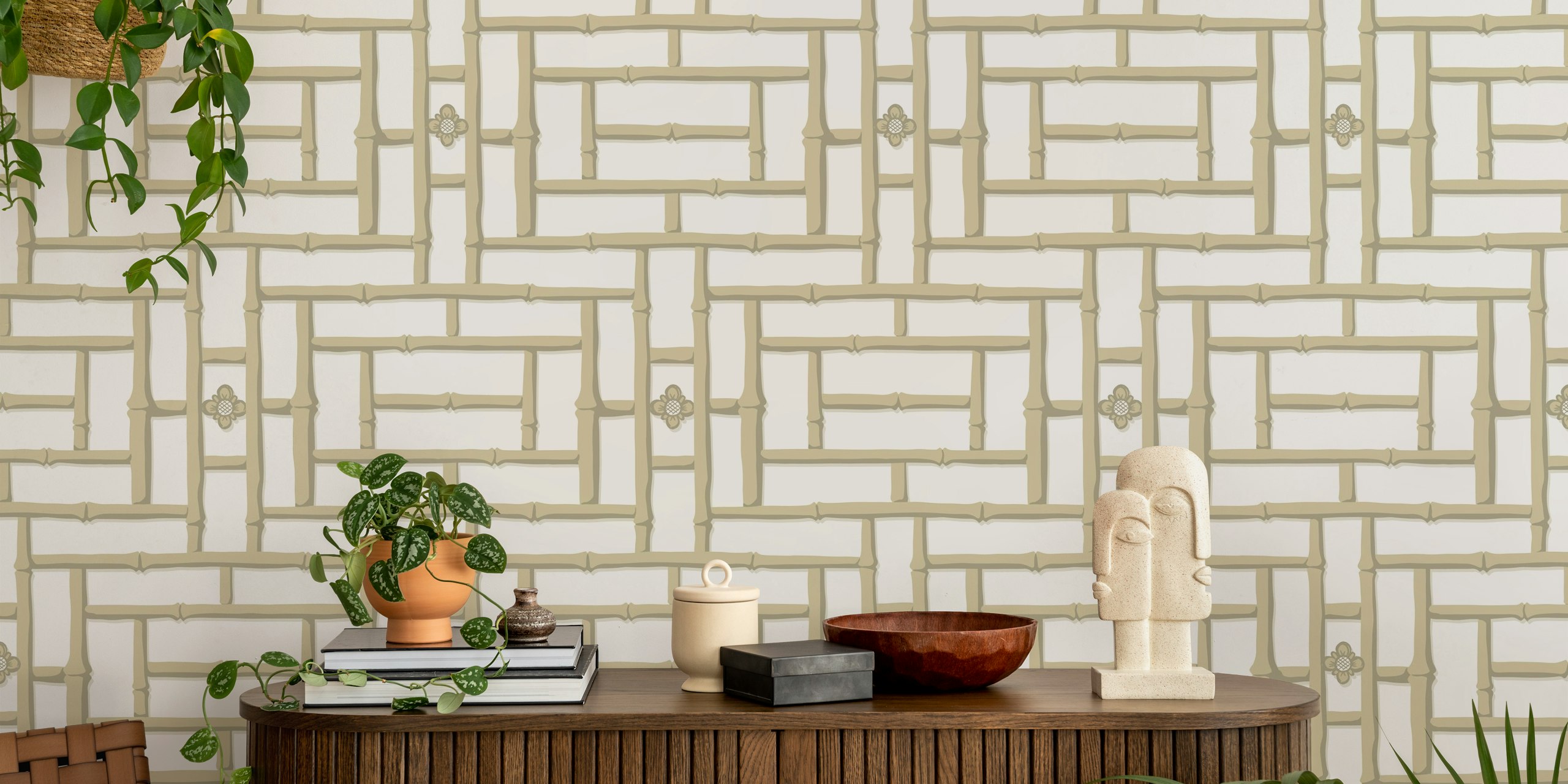 Bamboo trellis pattern in neutral tan and beige wallpaper