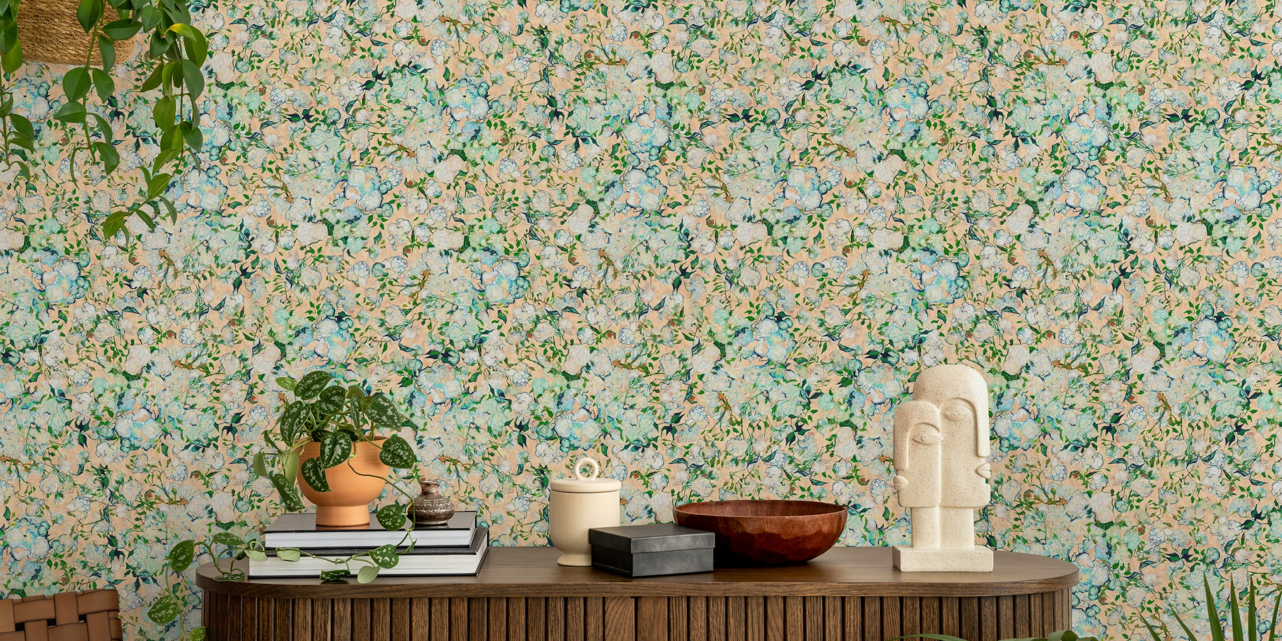 Floral peach and blue design wallpaper in a vintage style