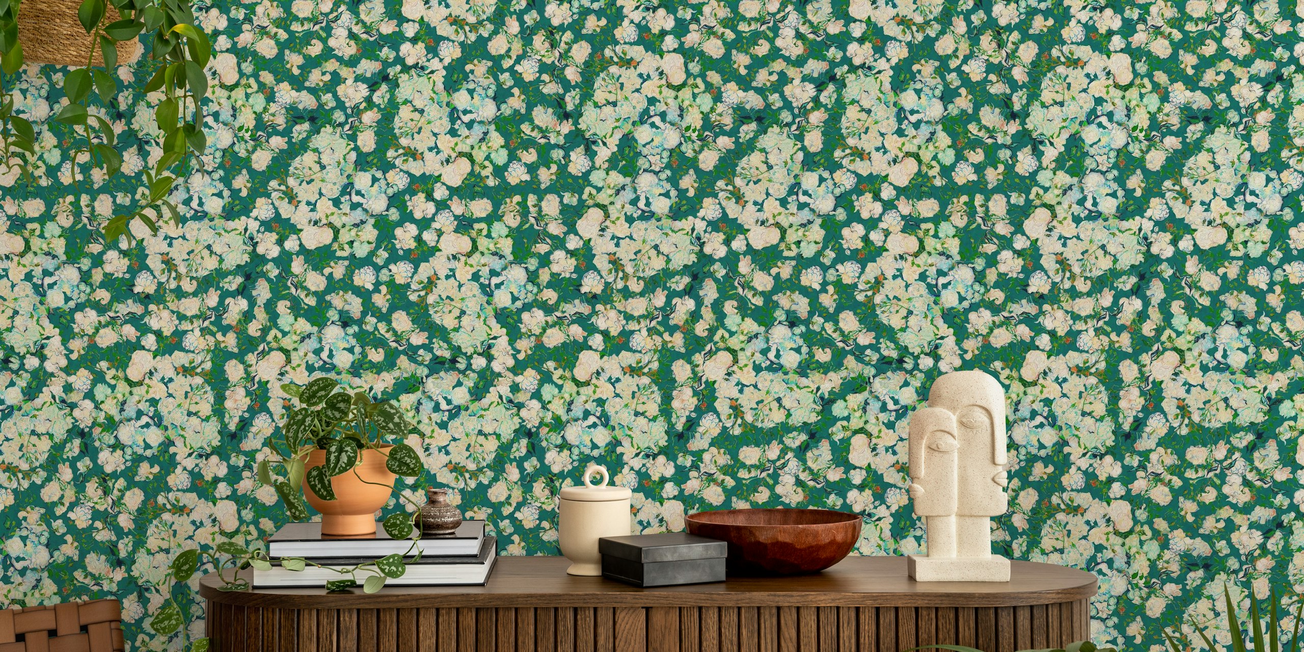 Vincent Van Gogh Roses in Viridian Green wallpaper in room