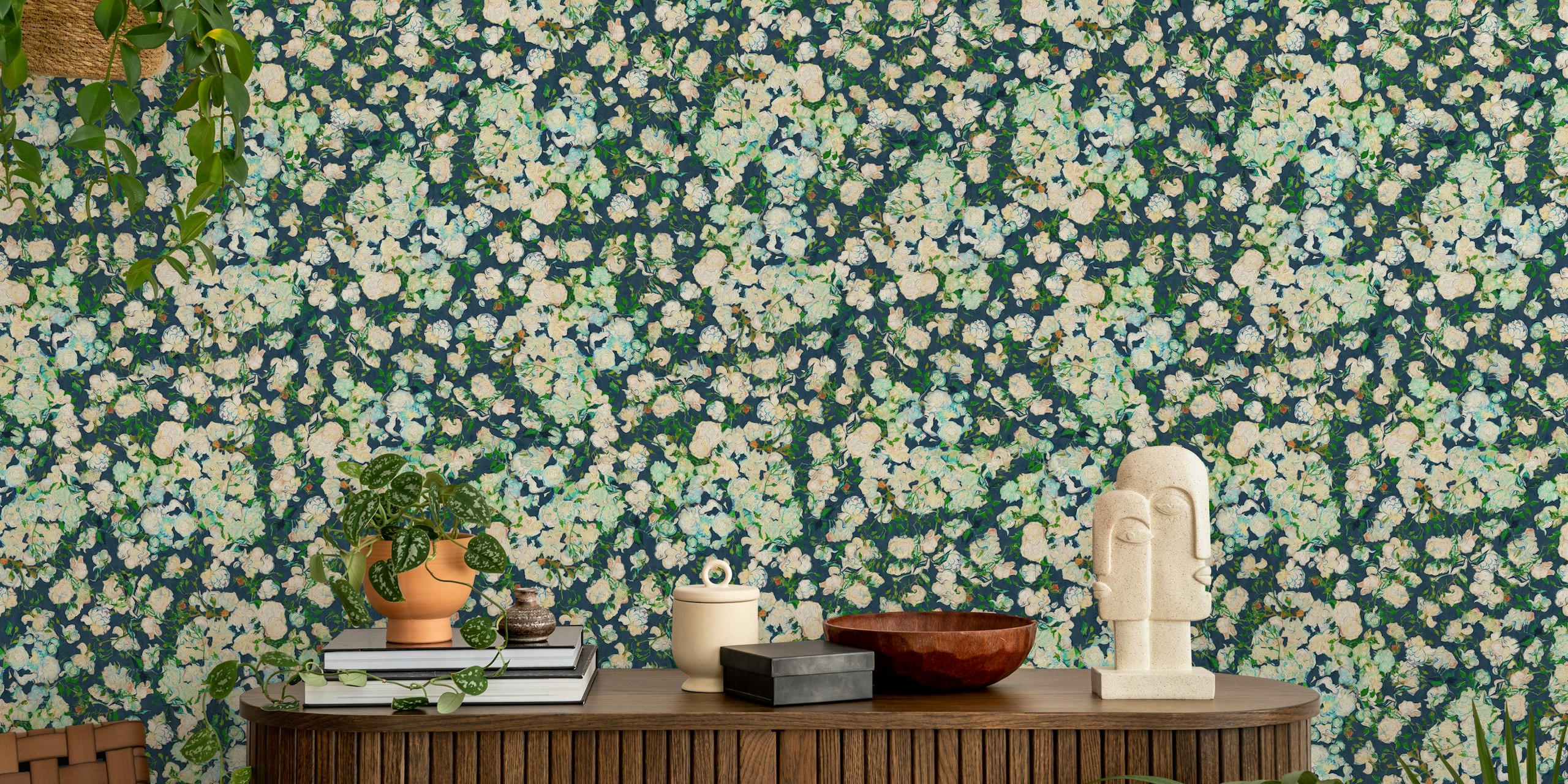 Vincent Van Gogh Roses in Denim Blue design de papier peint