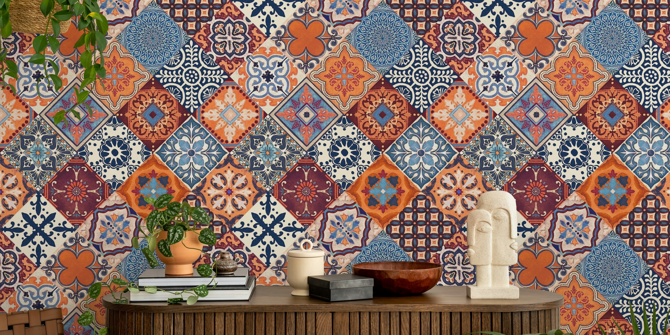 Carta da parati Talavera Tiles in blu e arancione