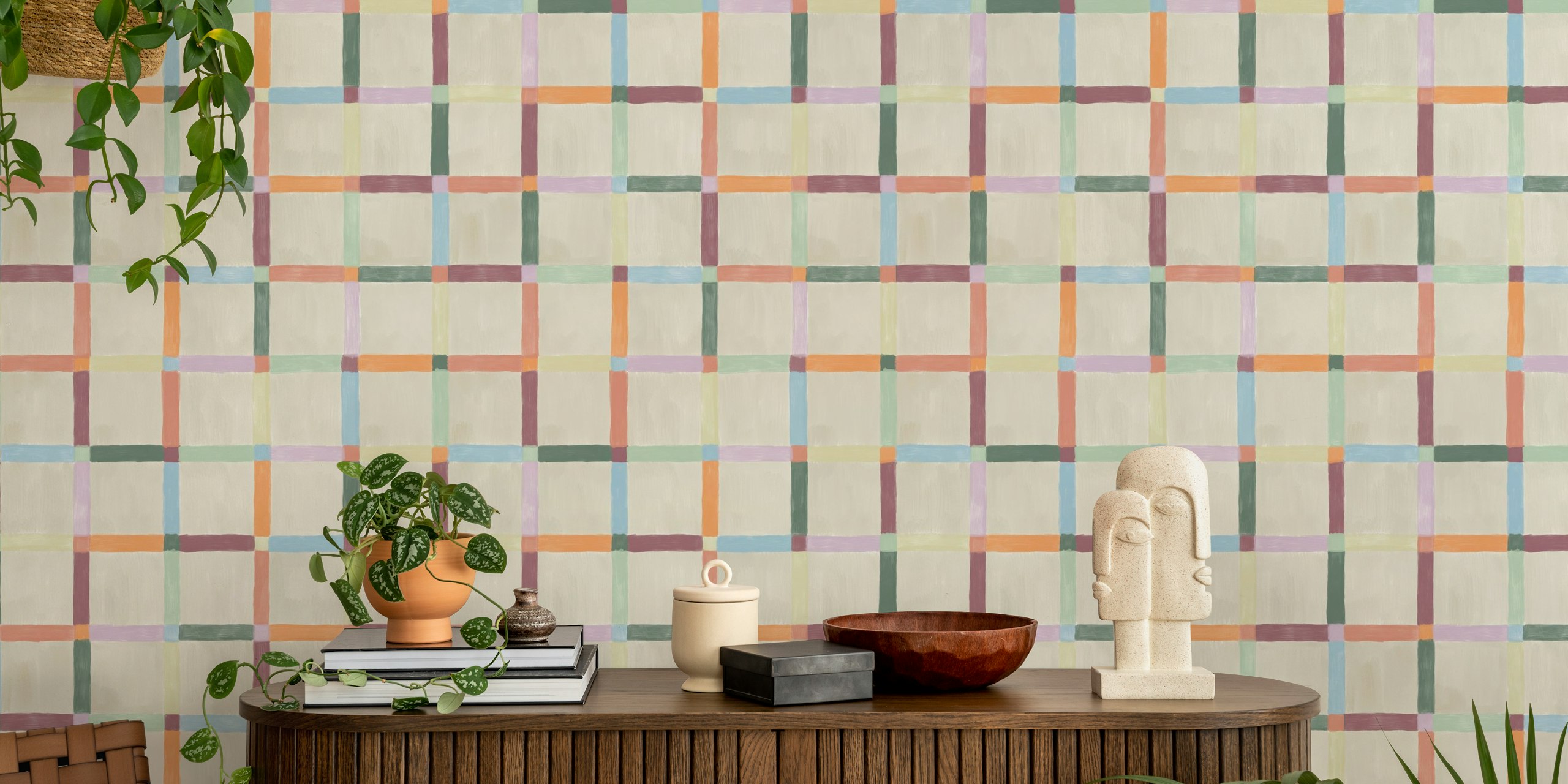 Pastel Grid Harmony - Abstract Brushstrokes Tapete in einem Raum