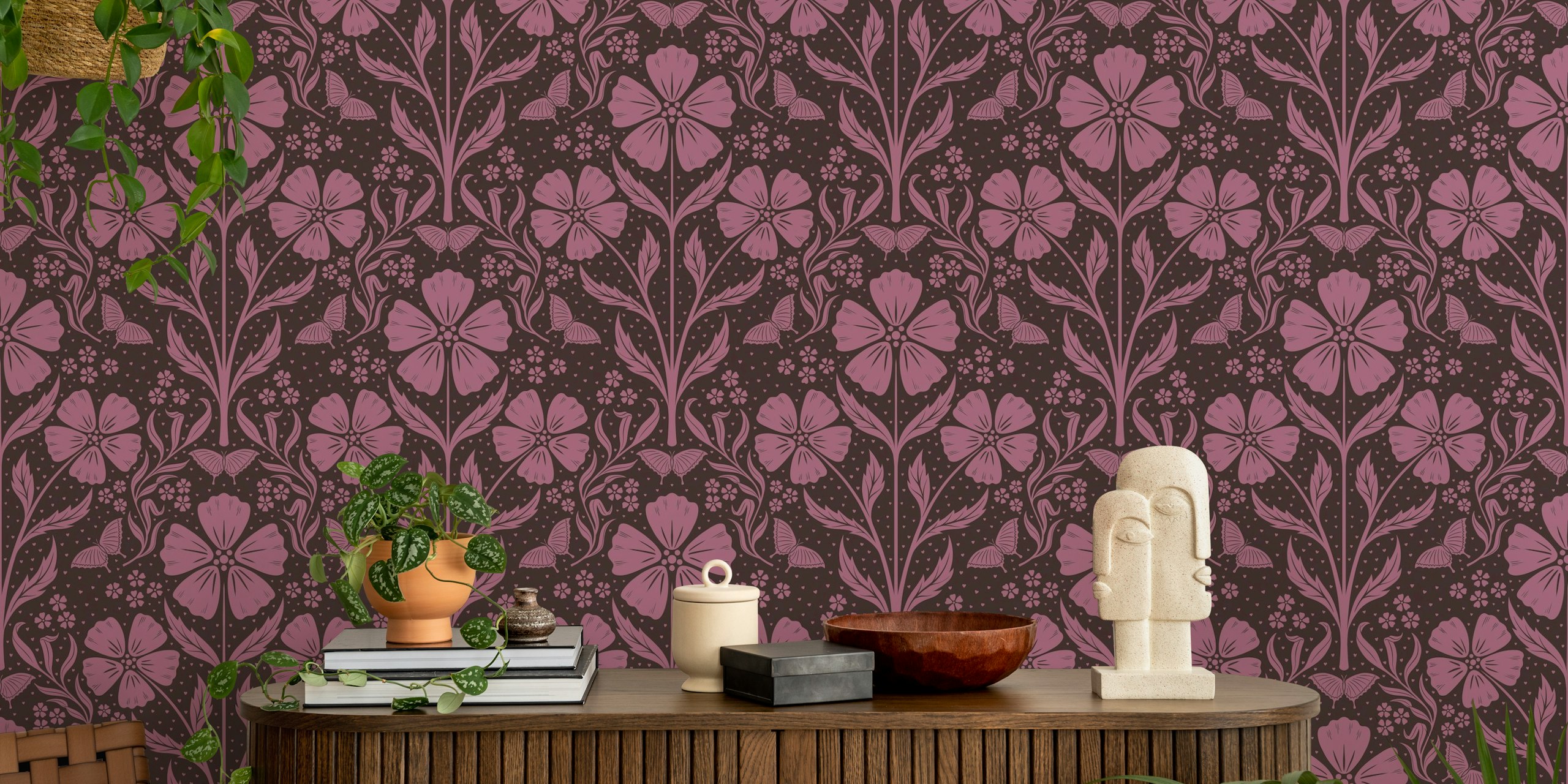 Awakening Flowers Damask Tapete in einem Raum