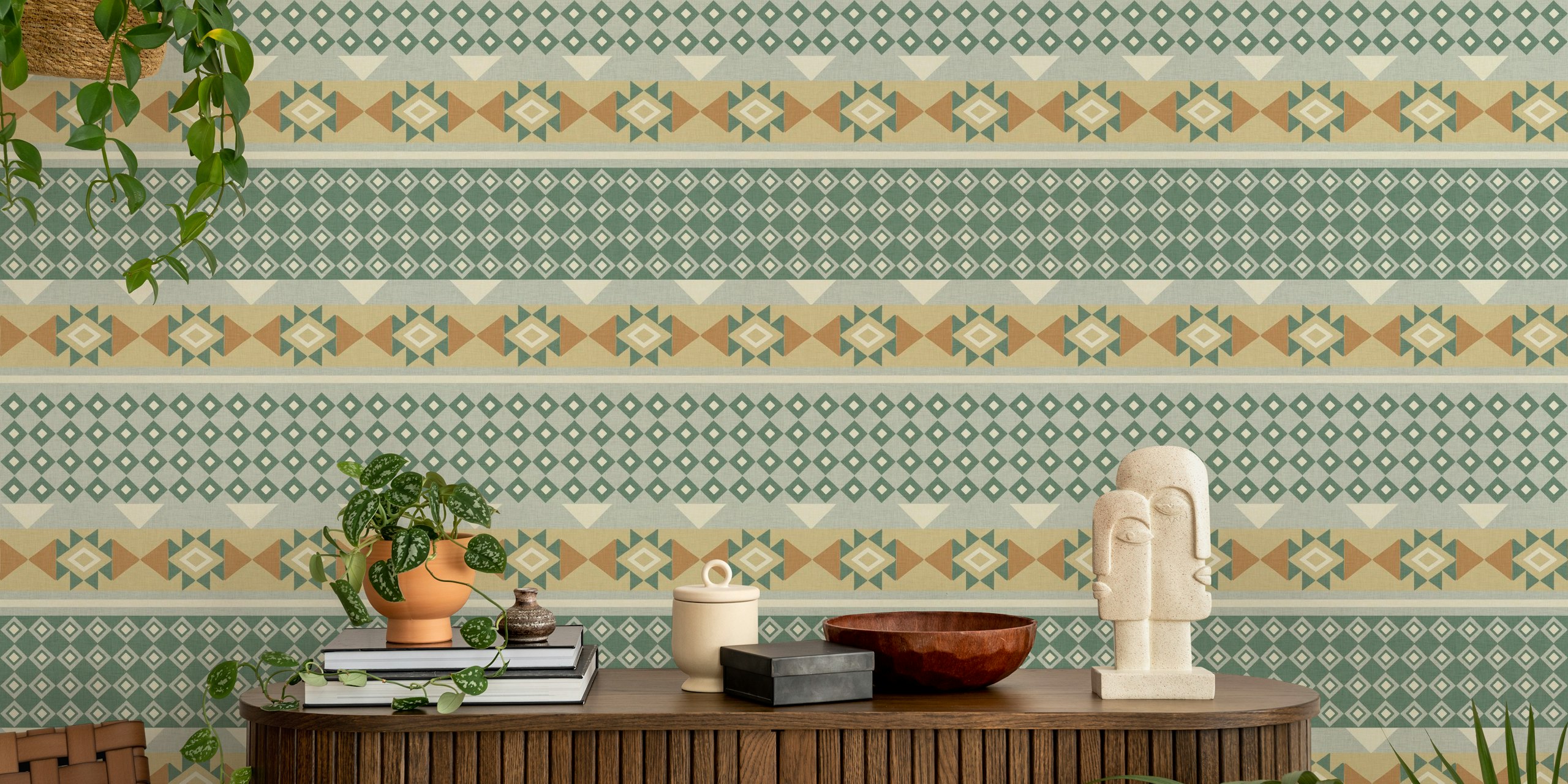 Ethnic geometric plaid wallpaper in a room