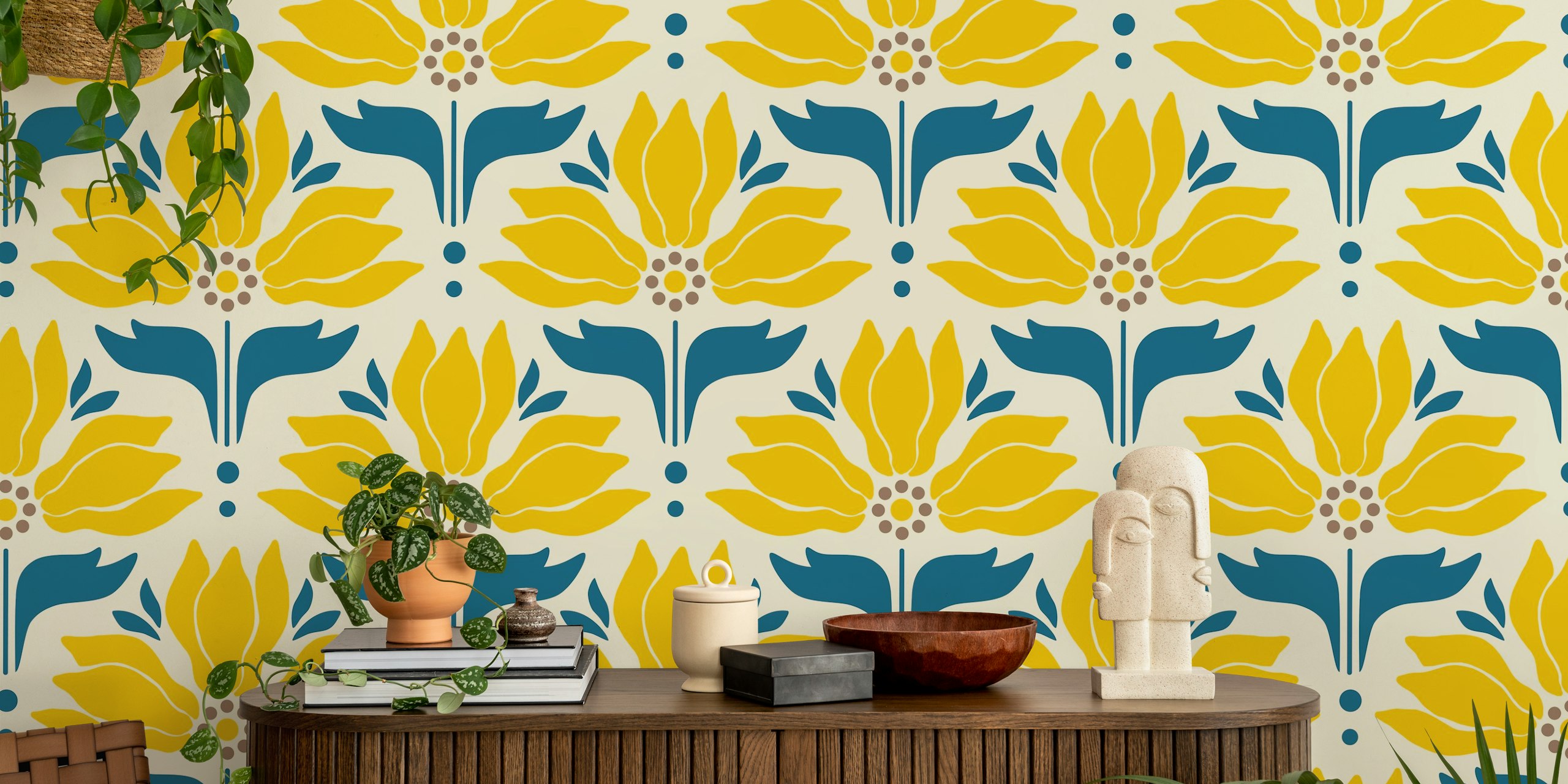 Bright yellow retro floral pattern wallpaper with sunflowers