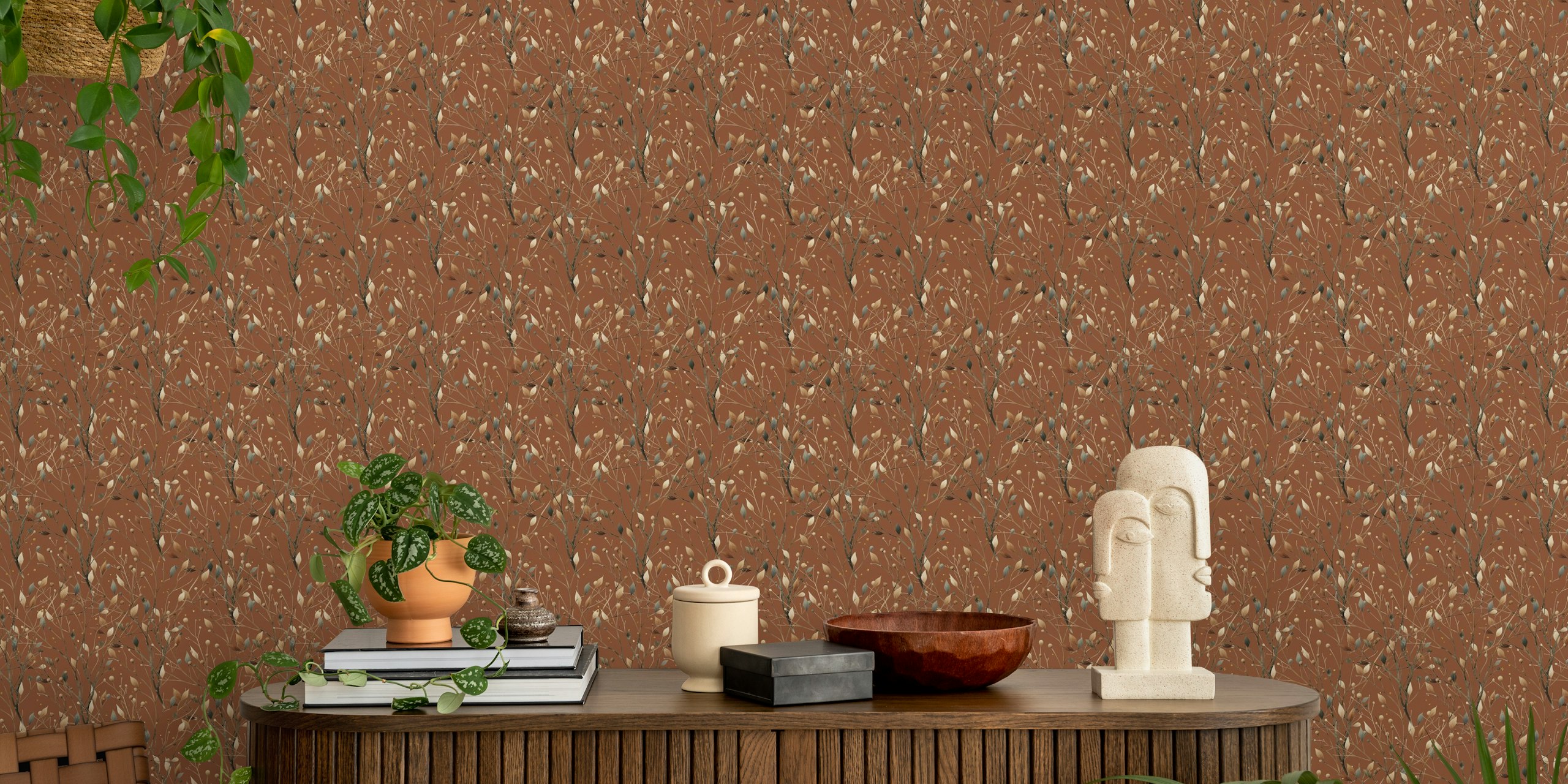 Mid century branches with metallic gold accents on a brown background wallpaper