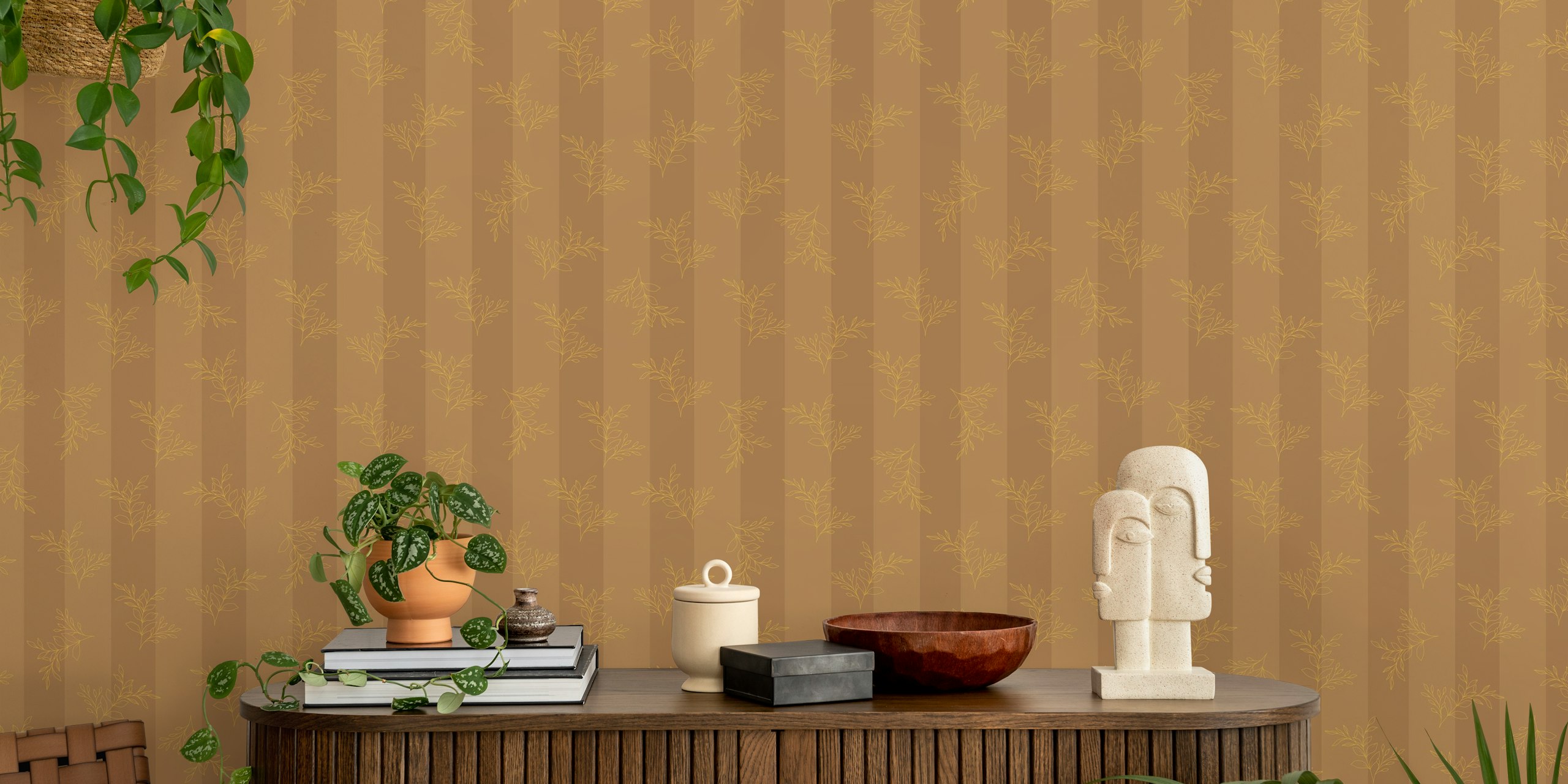Beige striped wallpaper with delicate botanical illustrations