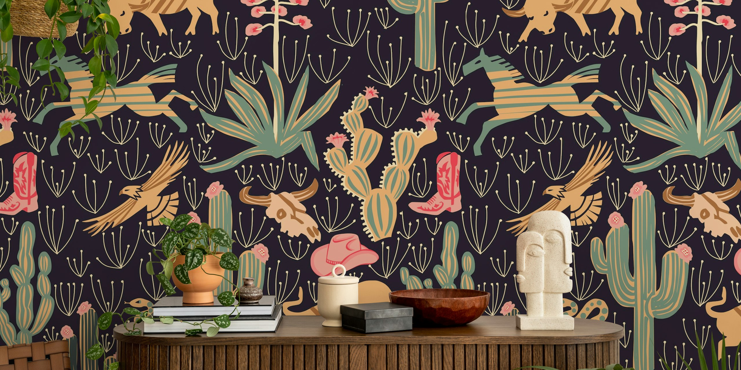 Kakteen, Tiere und Western Motive in bunten Farben auf dunklem Hintergrund wallpaper