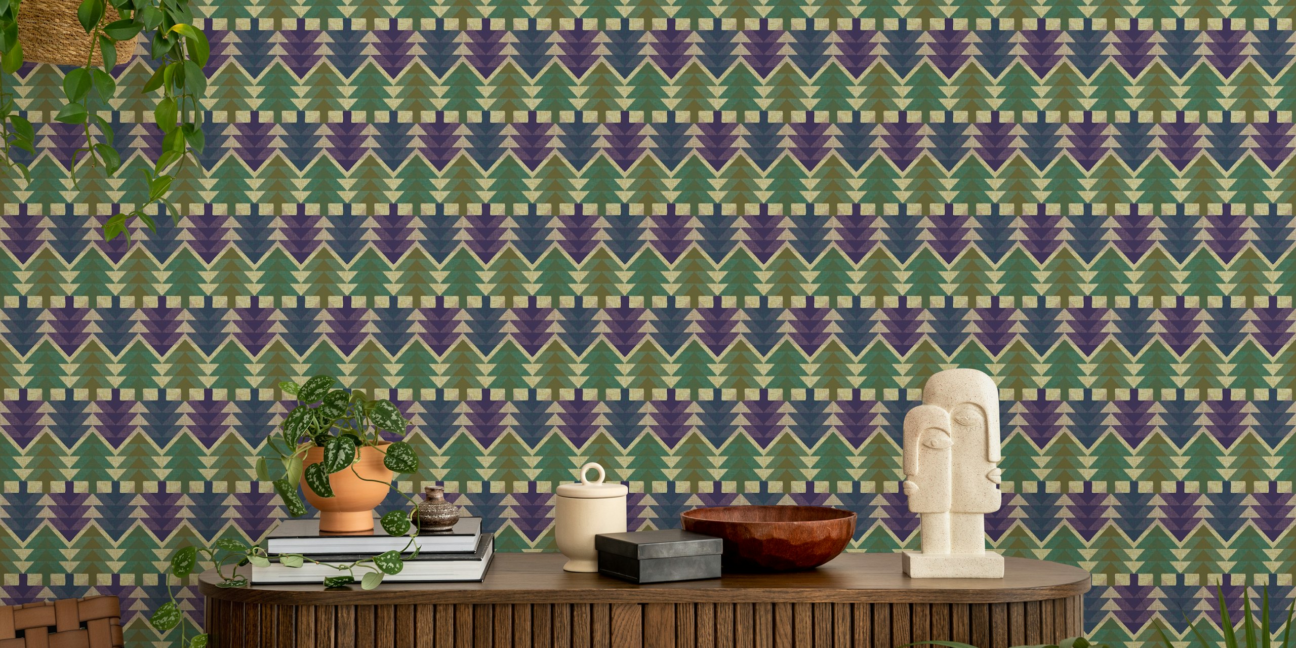 Geometric fir forest wallpaper w pokoju