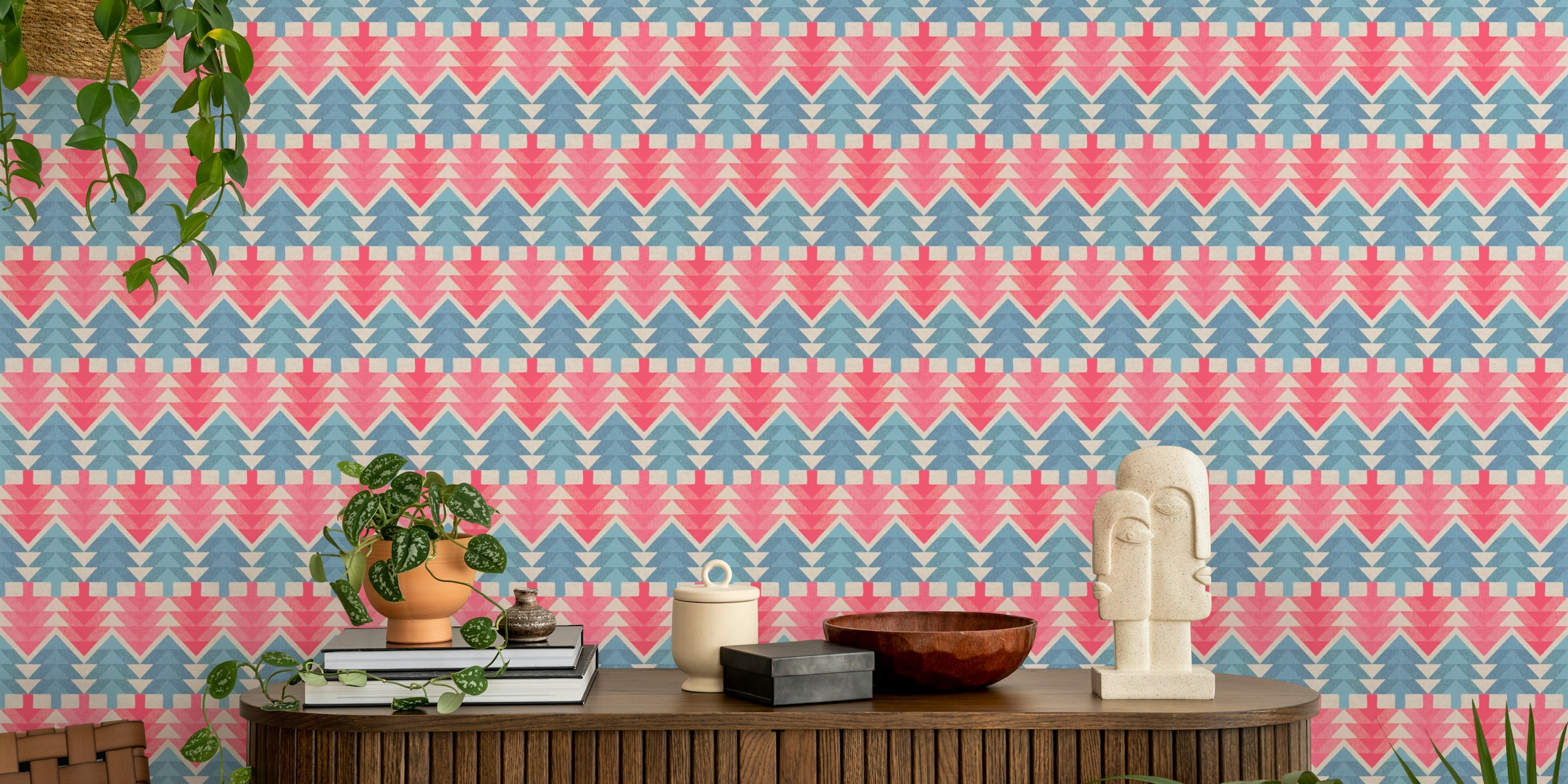 Geometric pink and blue fir forest wallpaper