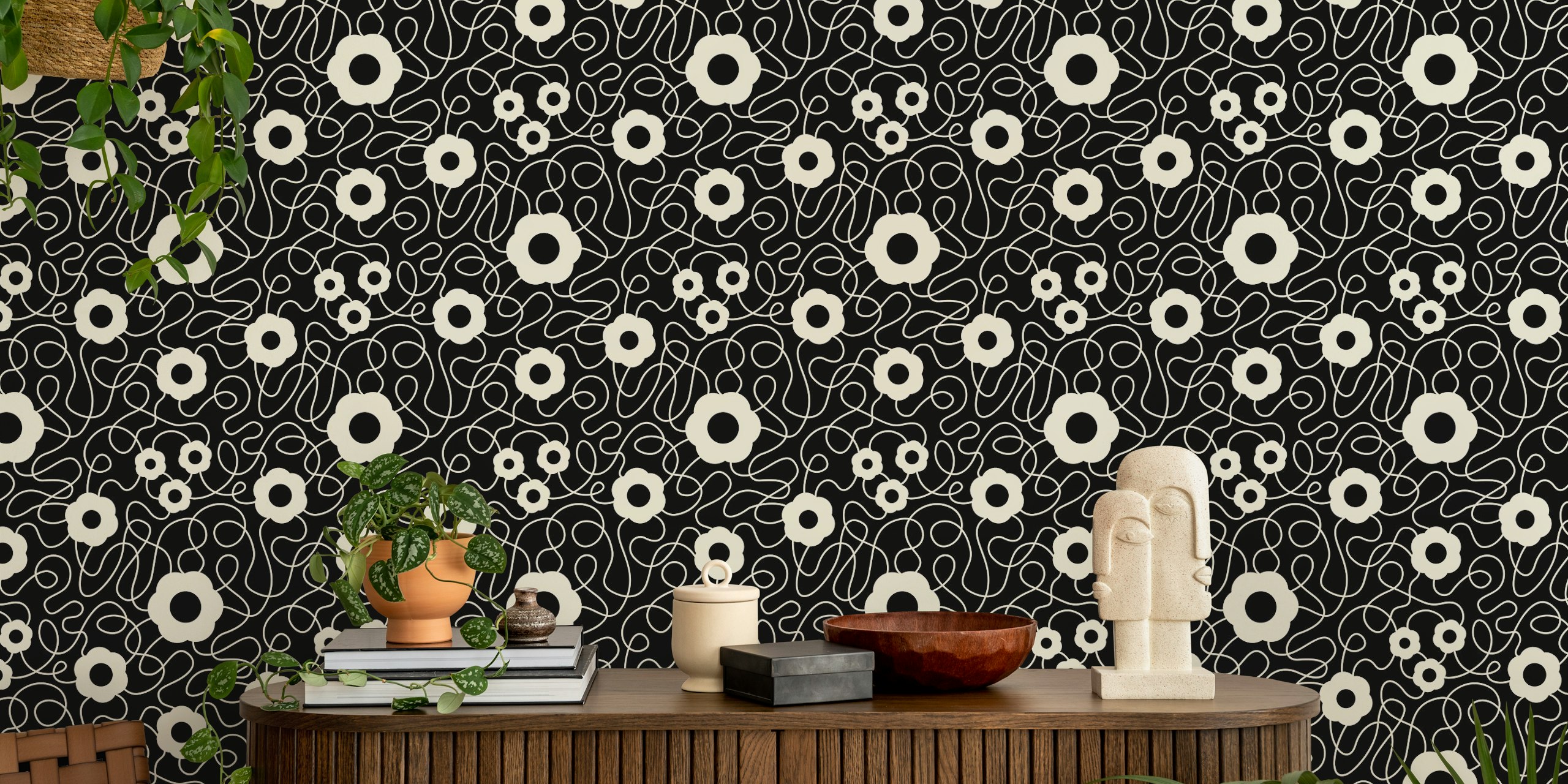 Abstract Floral Dance Black and White tapeta