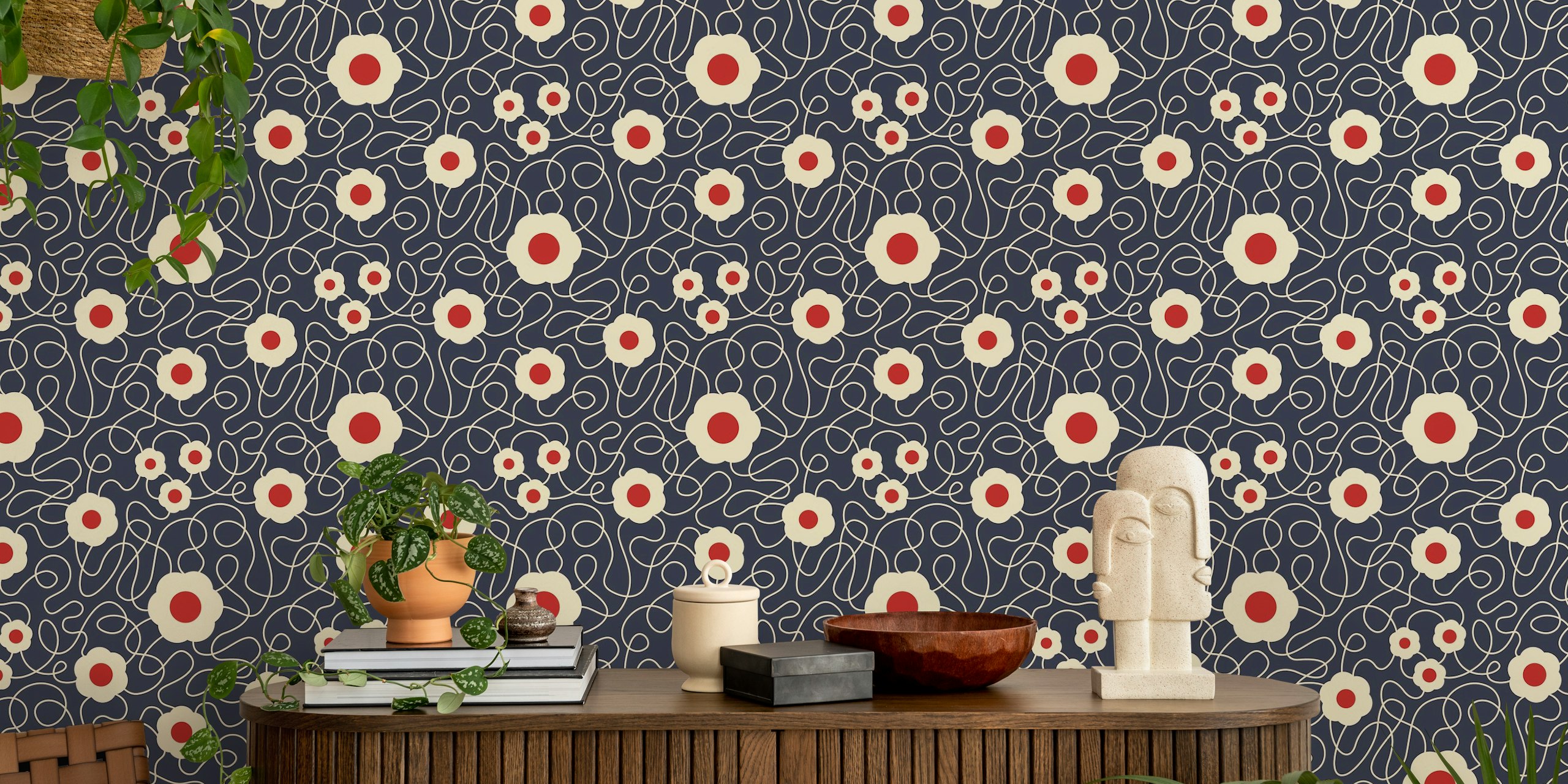 Elegance in Bloom Dark Navy Red tapetdesign