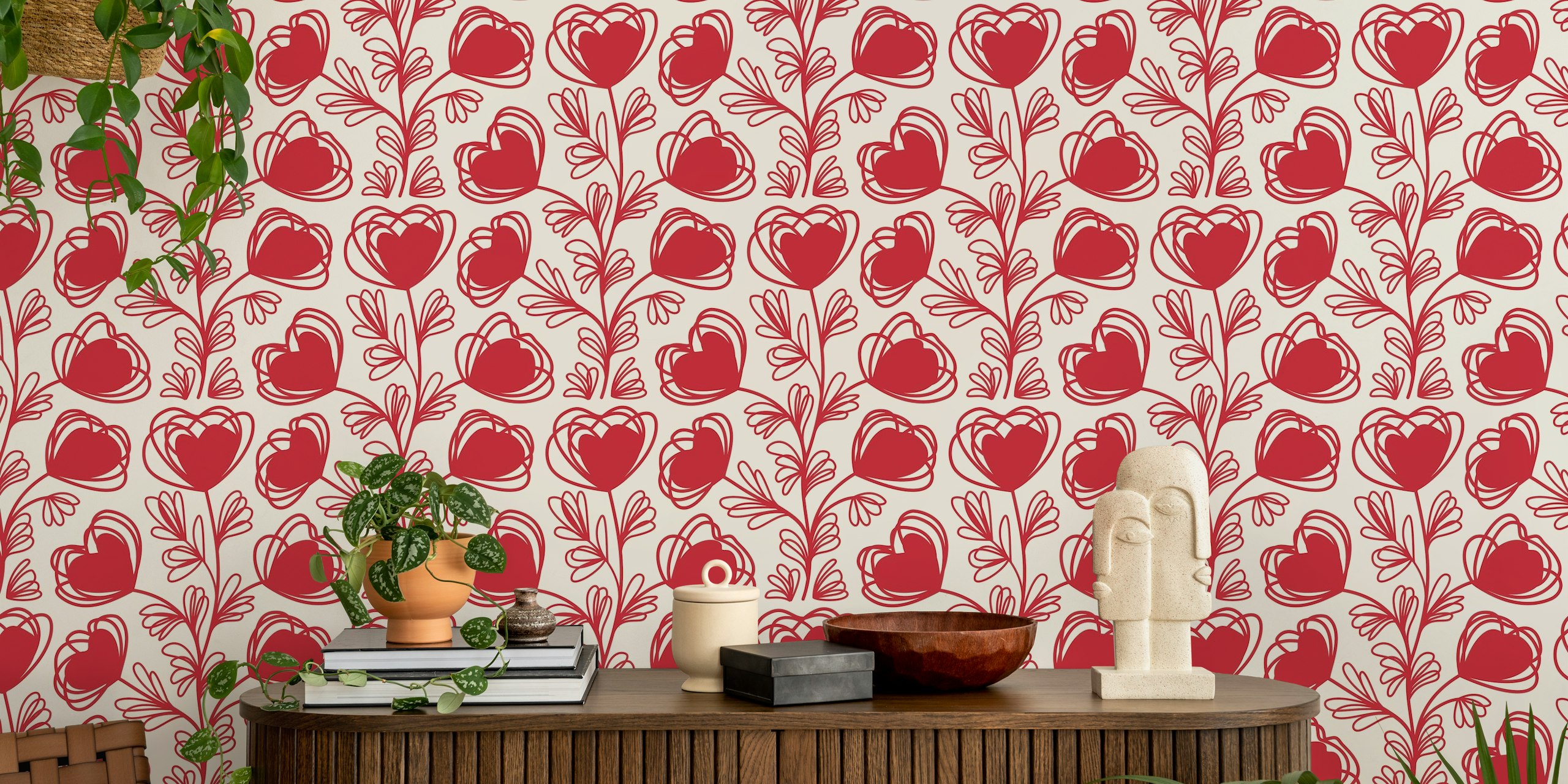Sweetheart Plant Motif Red wallpaper in a room