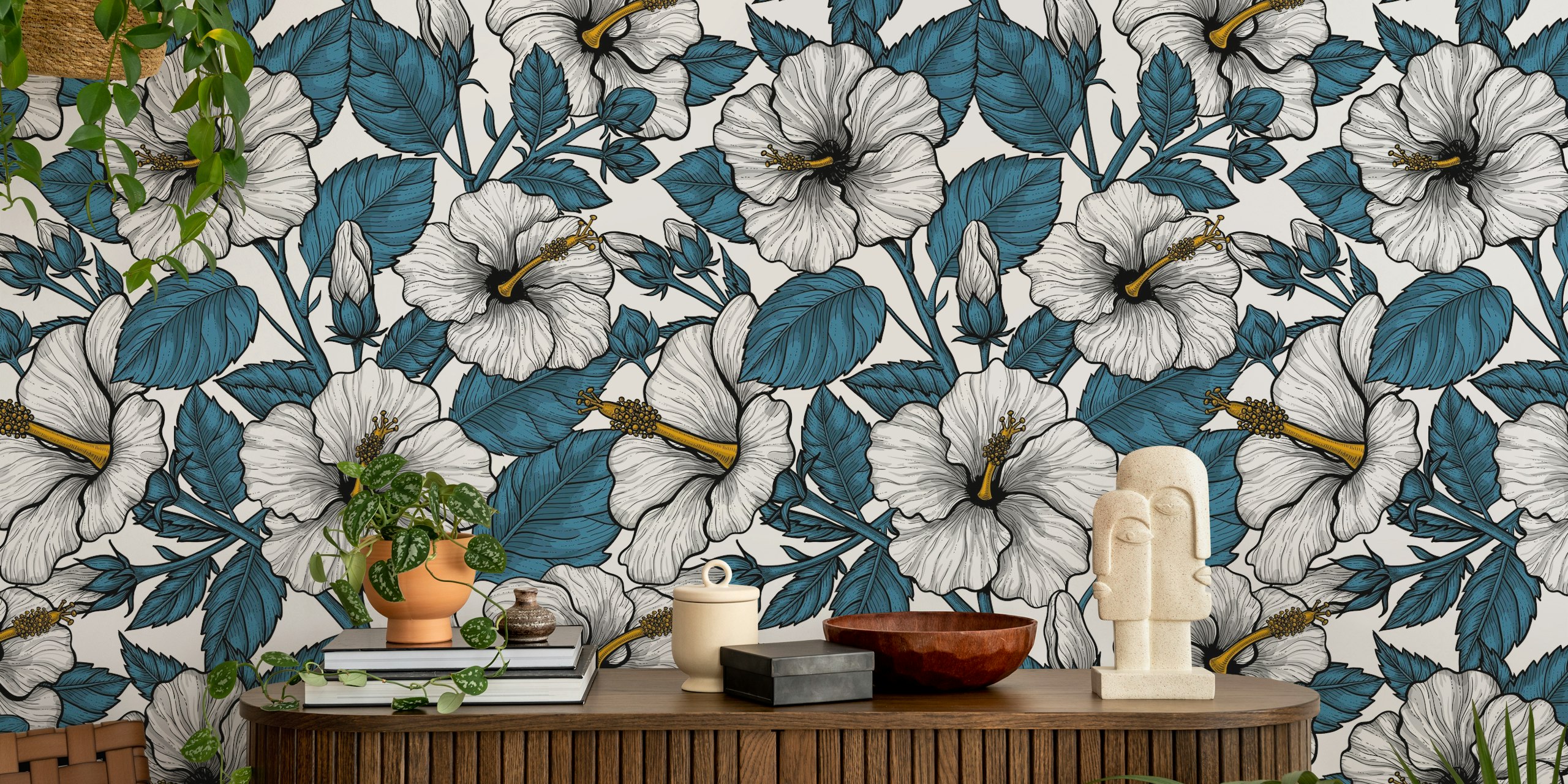 Carta da parati White hibiscus e blue leaves nella stanza