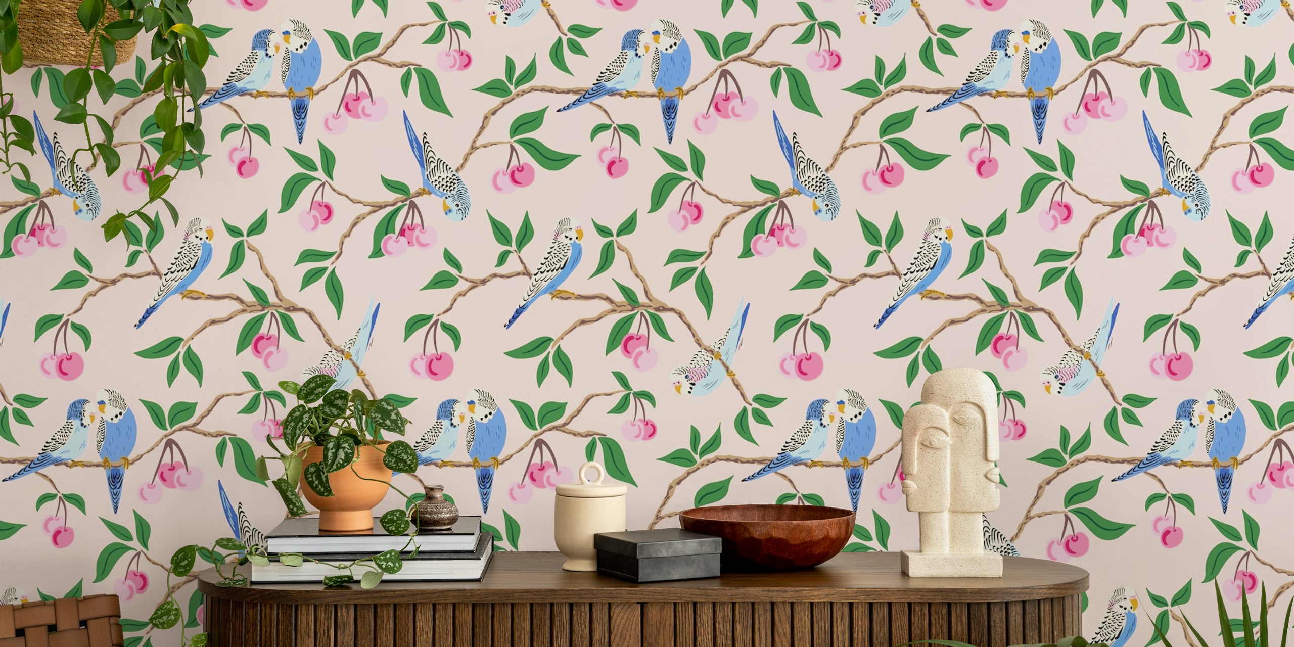 Budgies in Cherry Tree Tapete in einem Zimmer