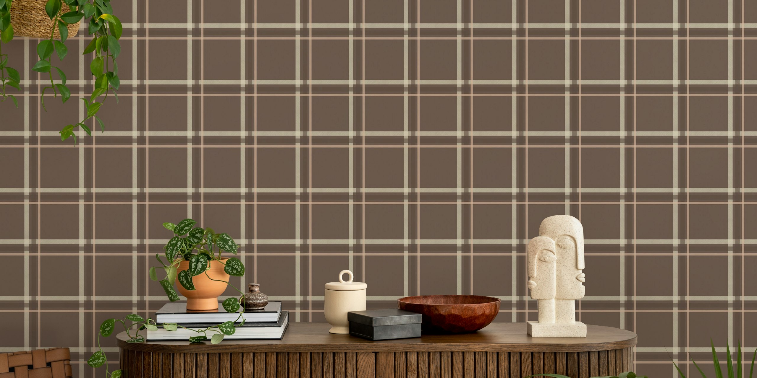 Brown and cream plaid pattern wallpaper