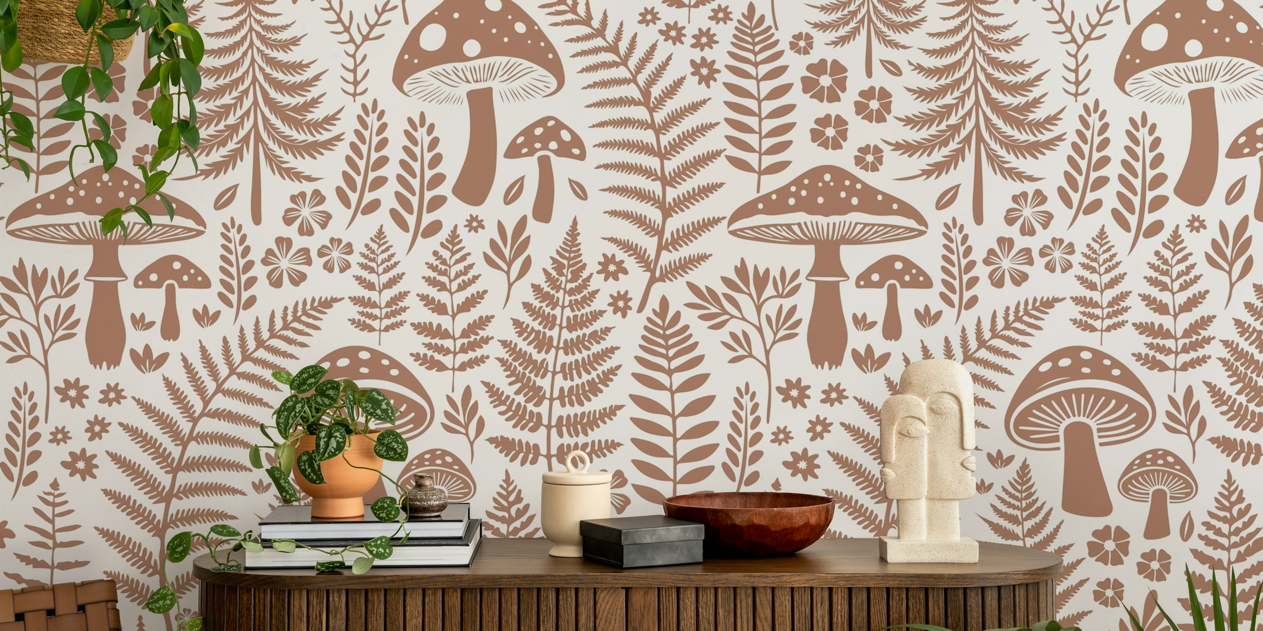 Woodland fern and mushroom wallpaper in a room