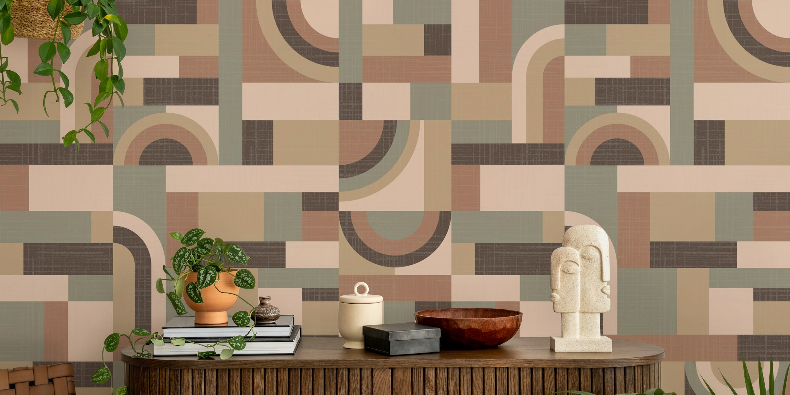 Geometric pattern with soft brown, beige, and green tones wallpaper
