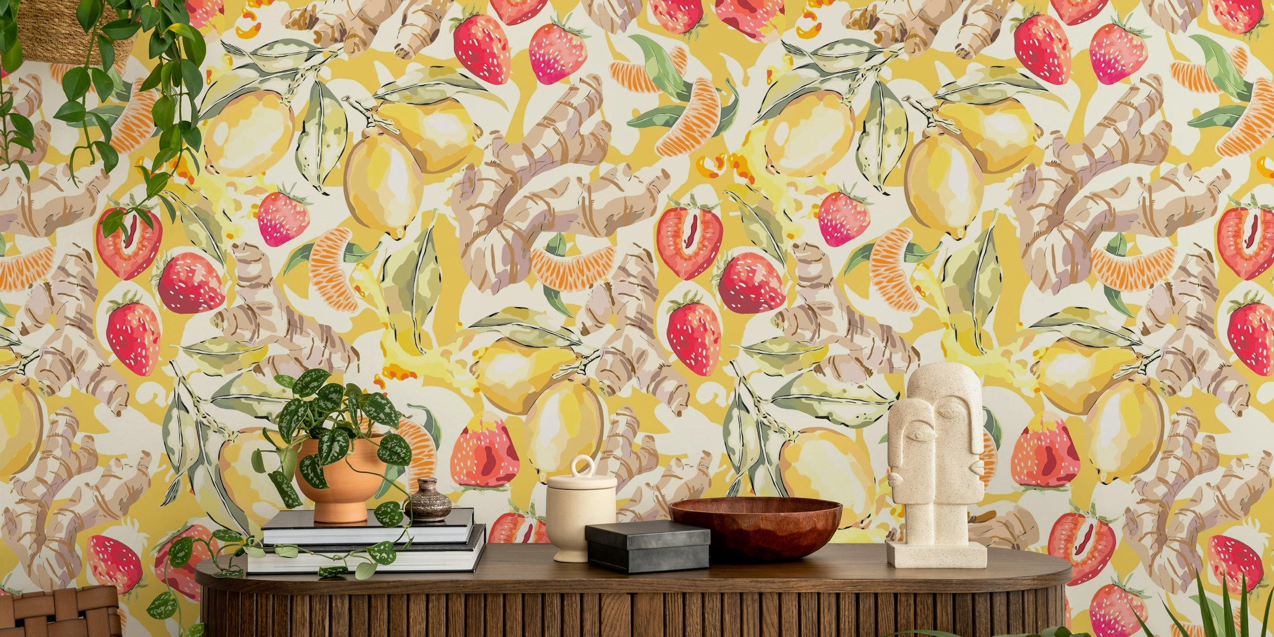 Yellow lemon and ginger illustration with red strawberries wallpaper