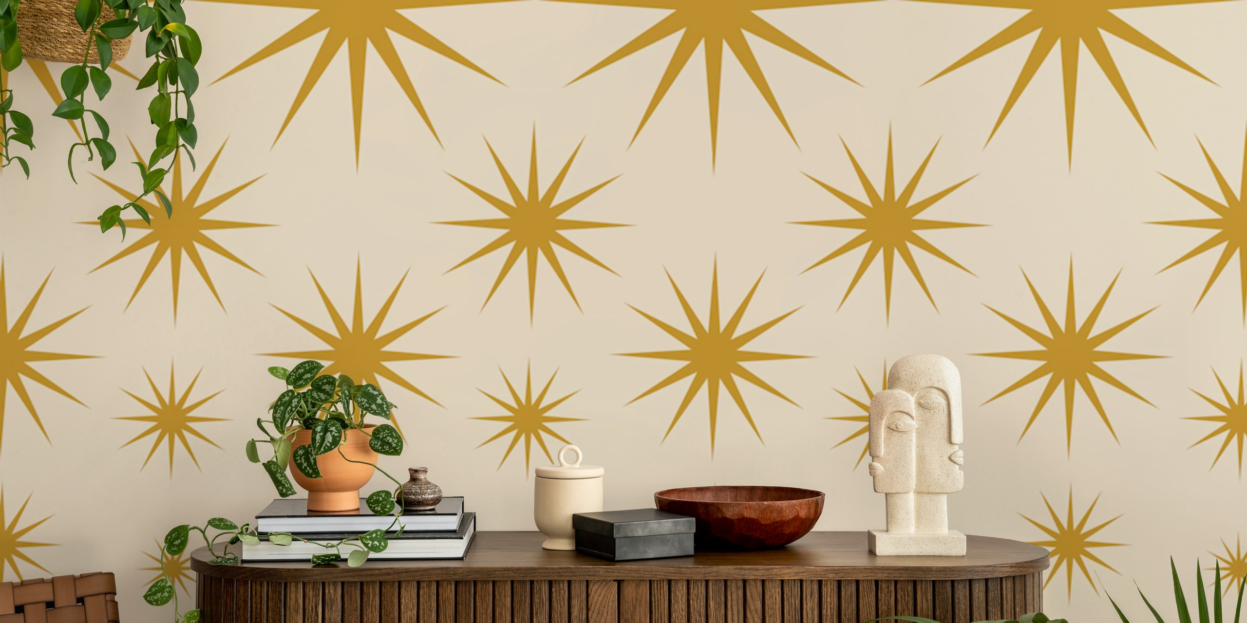 Gold star pattern on cream background wallpaper