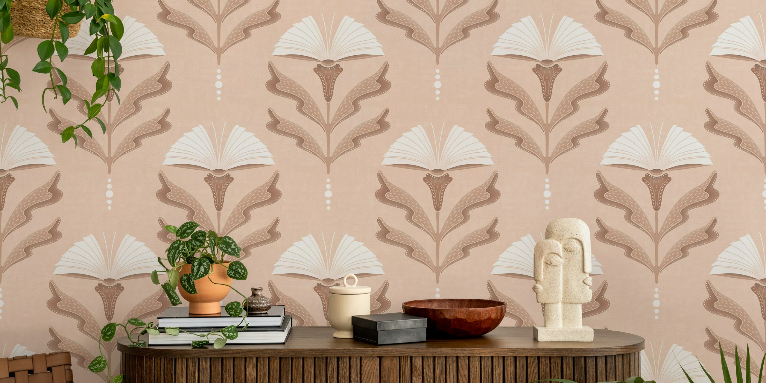 Floral Books Mocha Mousse Tapete in einem Raum