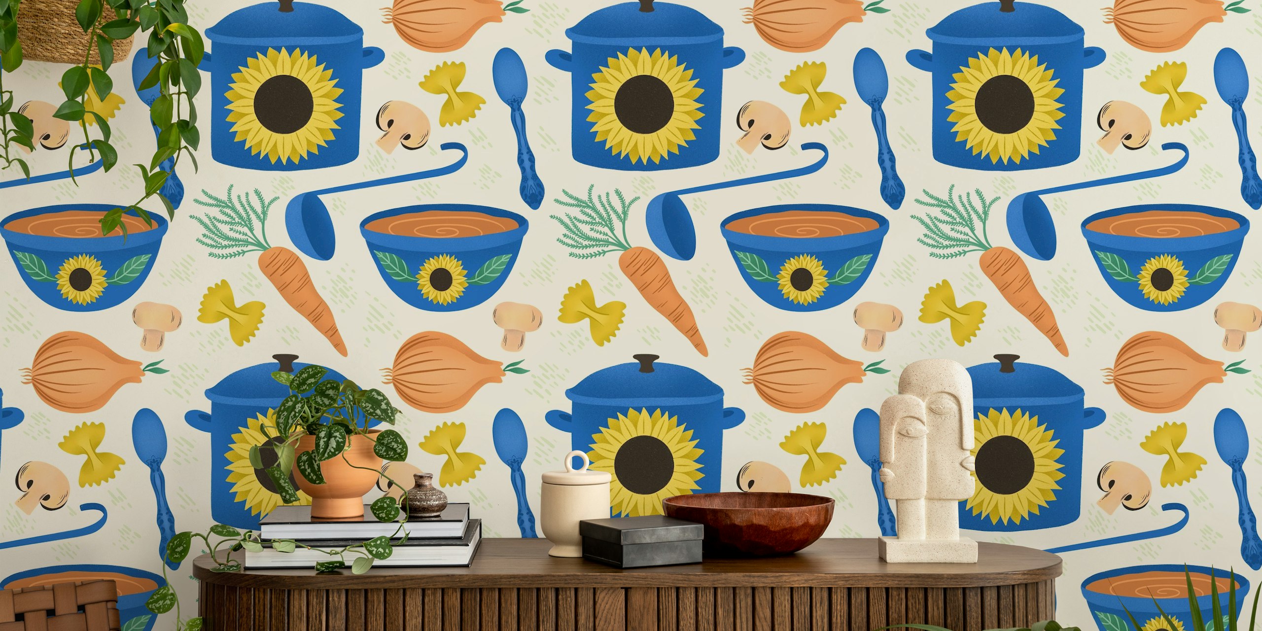 Colorful kitchen-themed wallpaper with bowls, pots, sunflowers, and vegetables