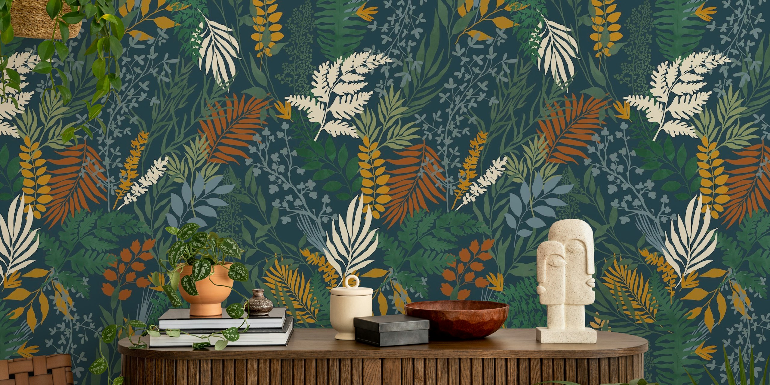 Papel de parede Lush Botanical Hideaway exibido em um quarto