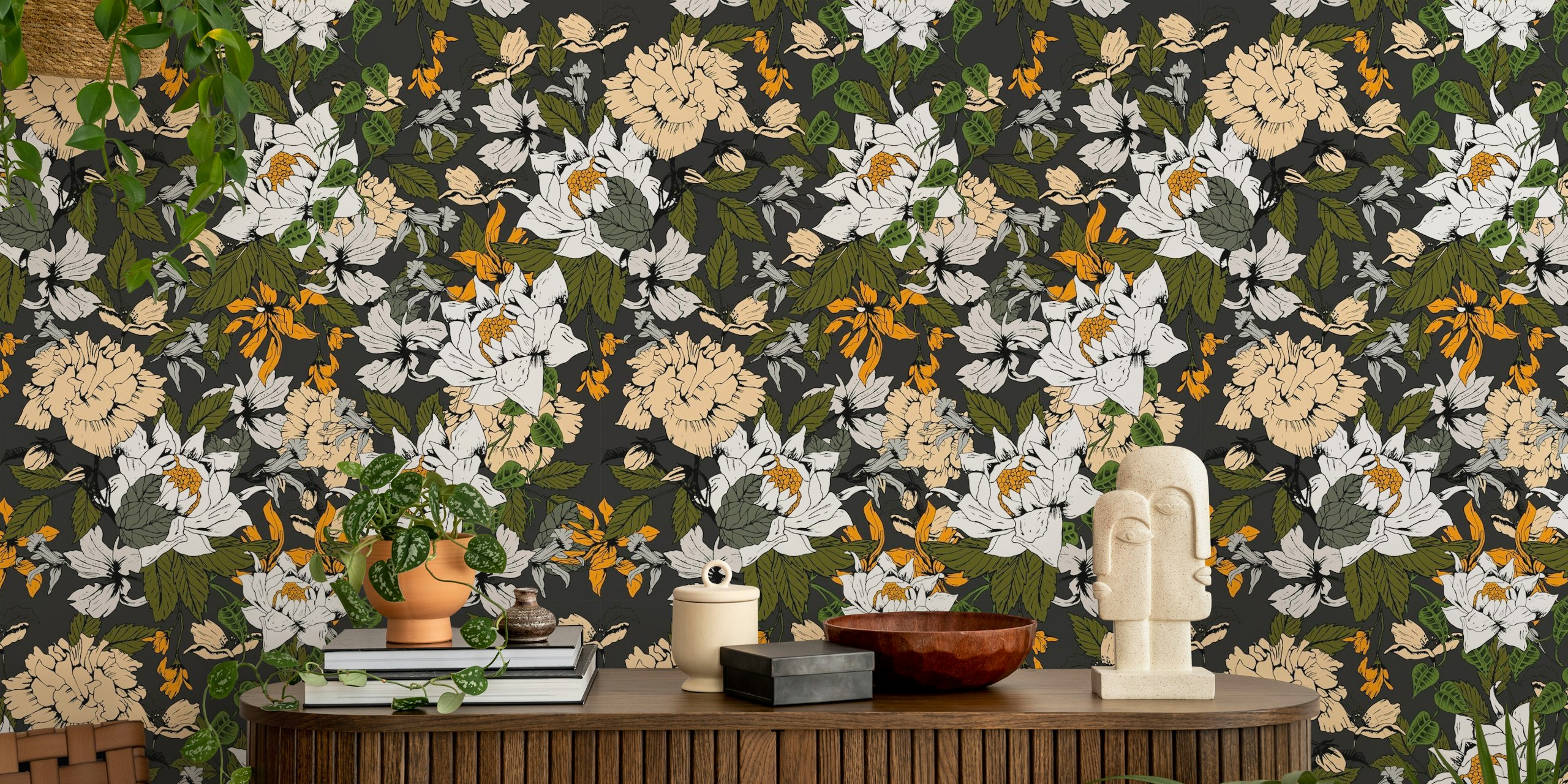 Dark Botanic Symphony blomster tapetdesign