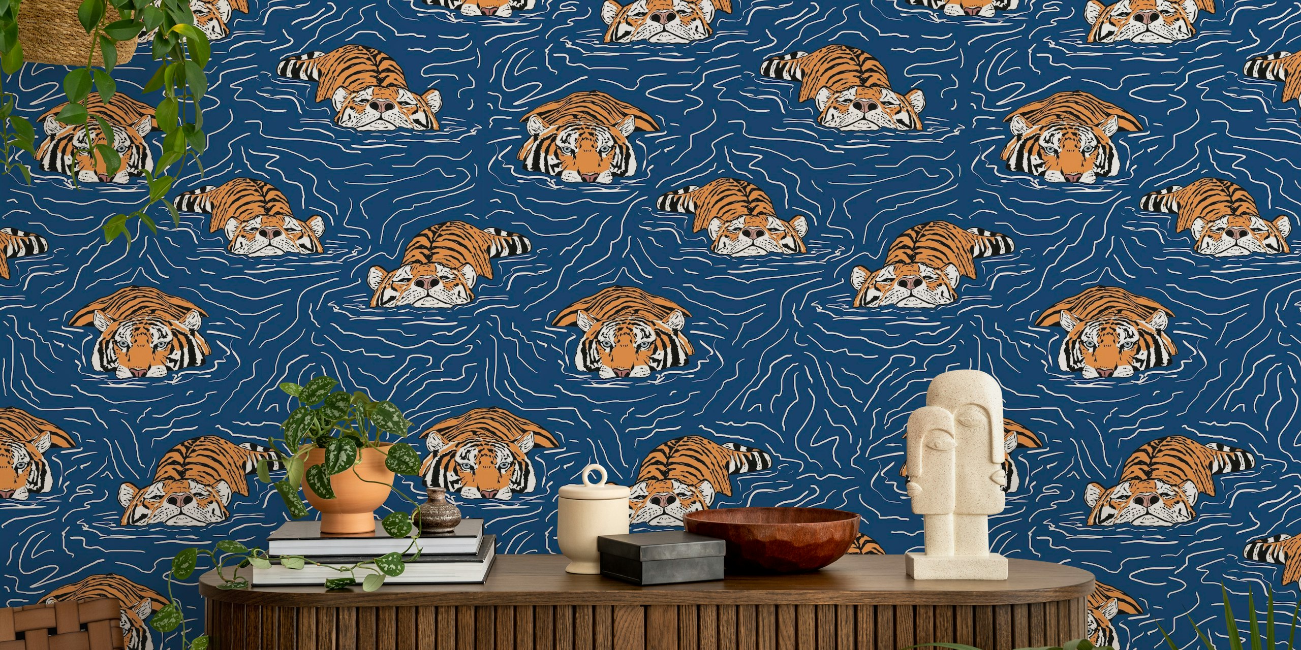 Swimming tigers in blue water pattern wallpaper