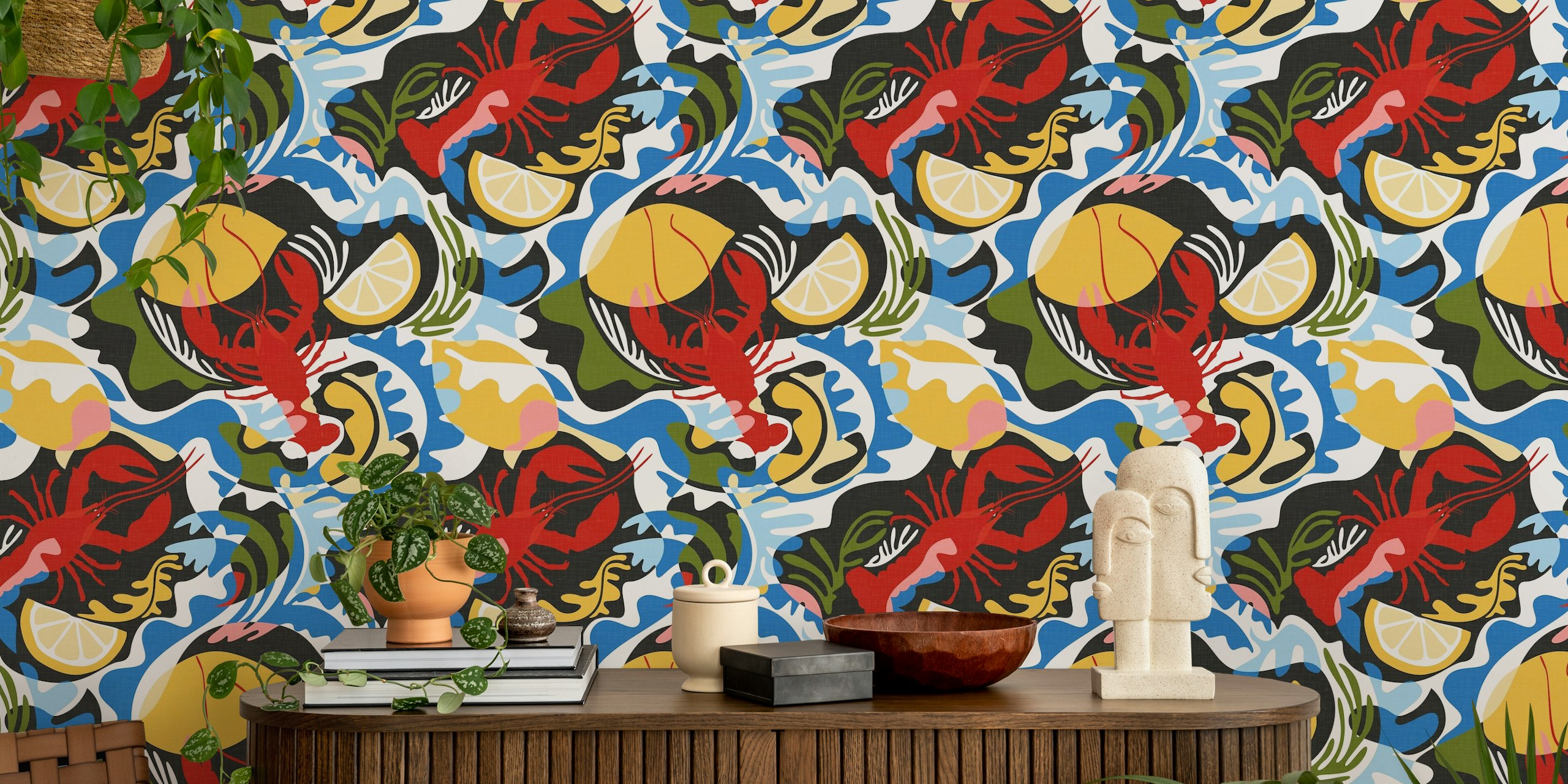 Crustacean Core wallpaper with lobsters and lemons