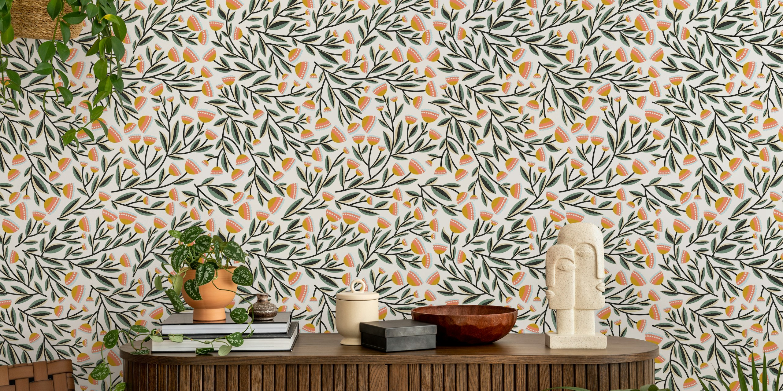 Cheerful floral wallpaper i en rumsinställning