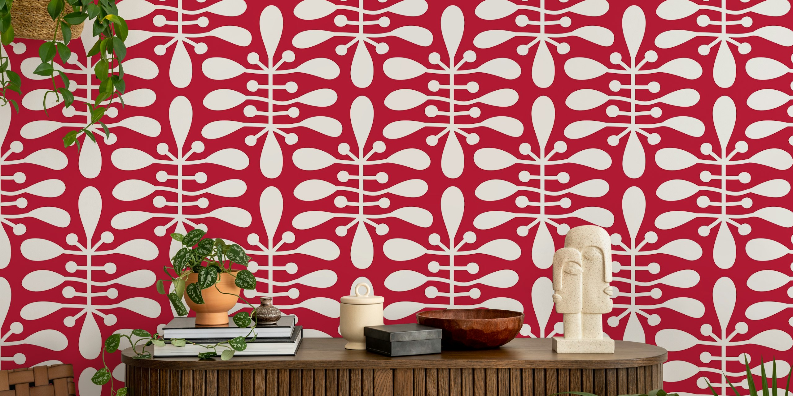 Red botanical pattern with white shapes wallpaper