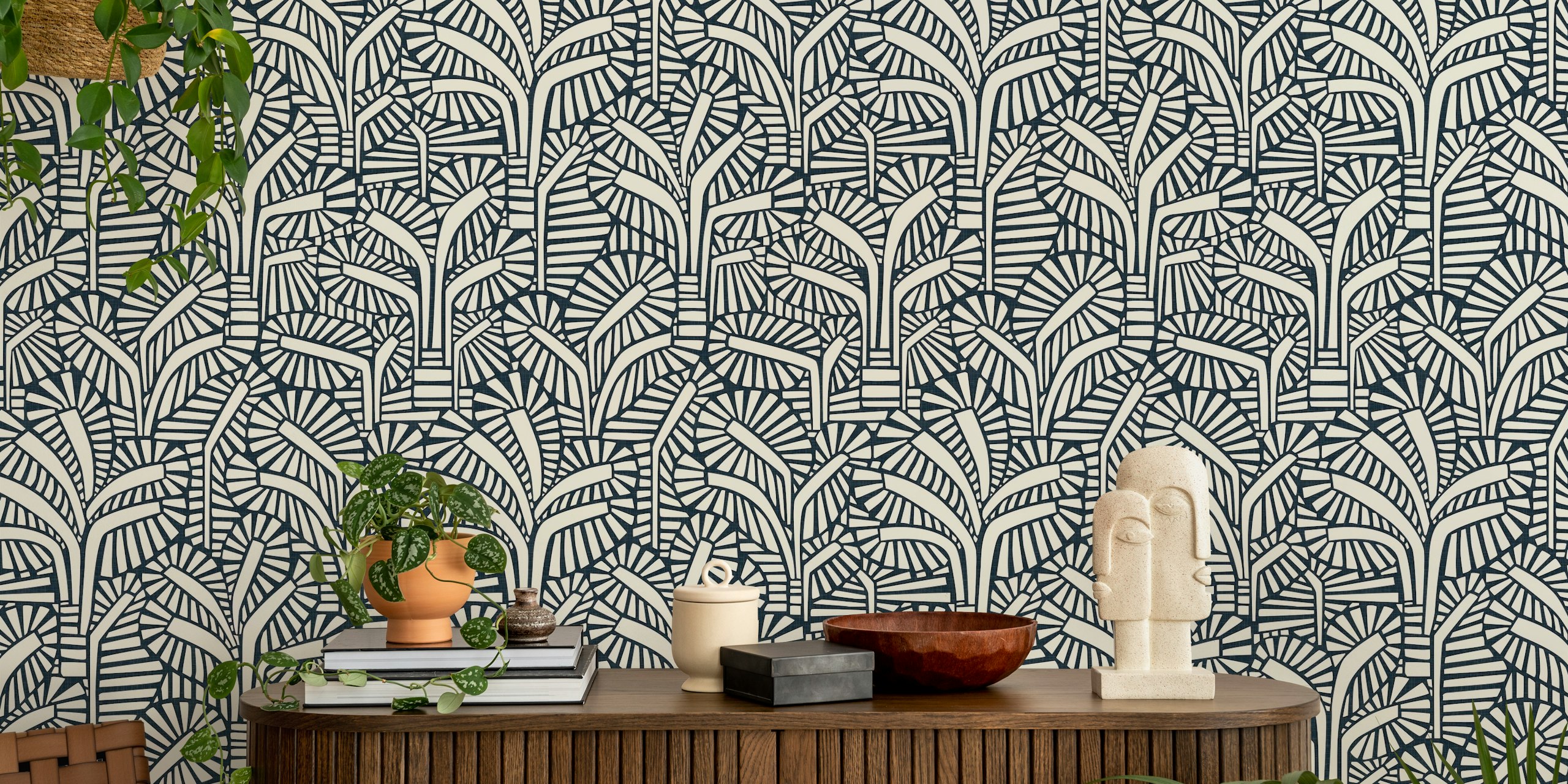 Palm trees wallpaper on navy blue background