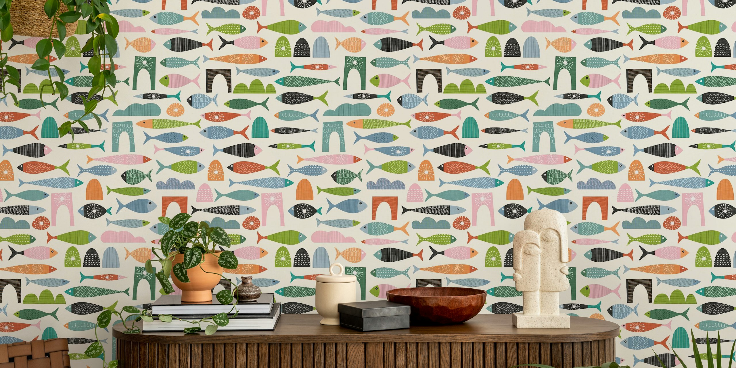 Colorful fish wallpaper in a room